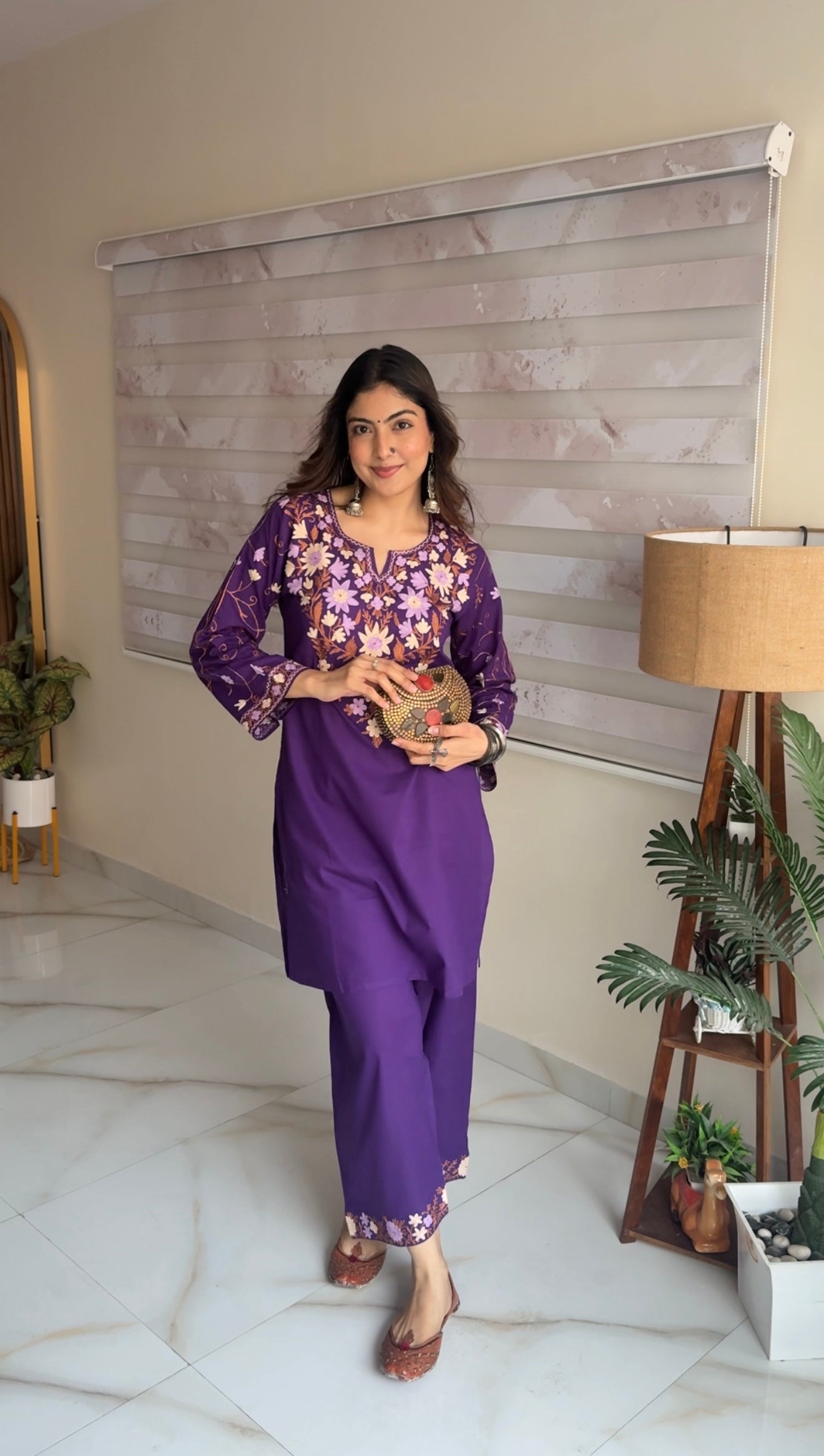 Taniya in Kashmiri Aari Embroidered Kurta Set with Farsi Pants - Purple