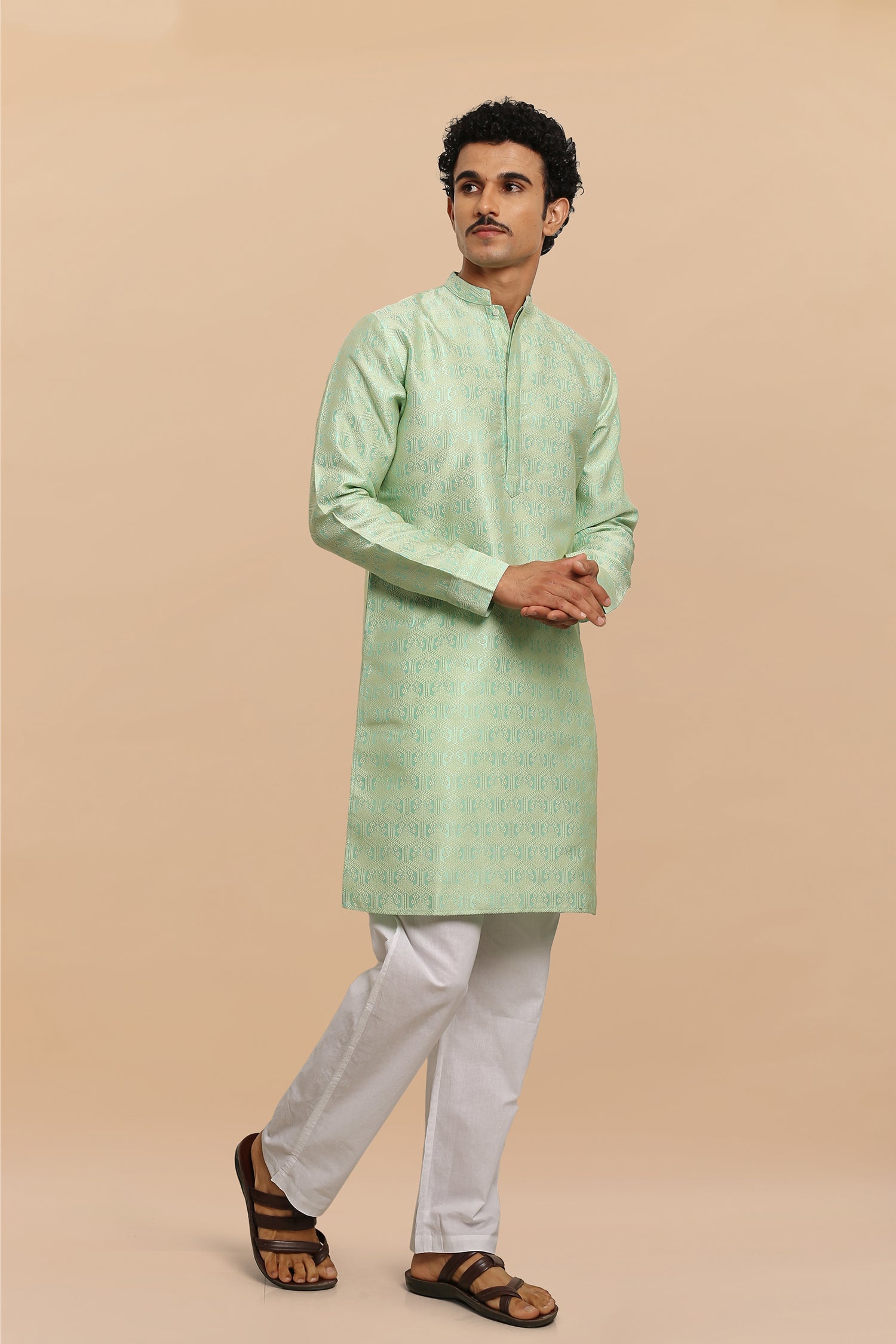Men's Kurta In Jacquard Self Lime Green