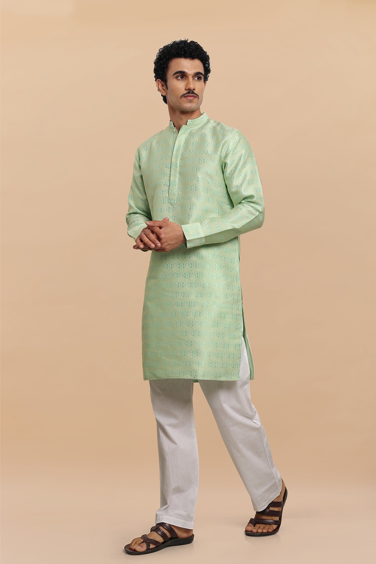Men's Kurta In Jacquard Self Lime Green