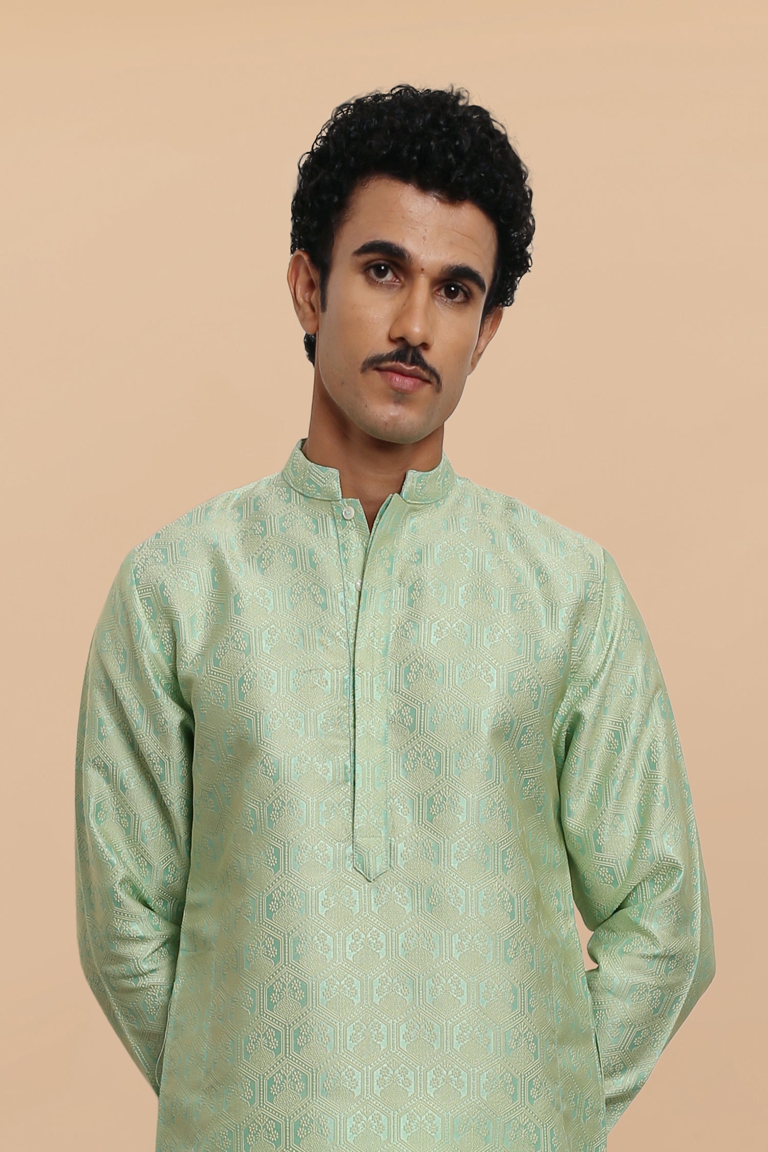 Men's Kurta In Jacquard Self Lime Green