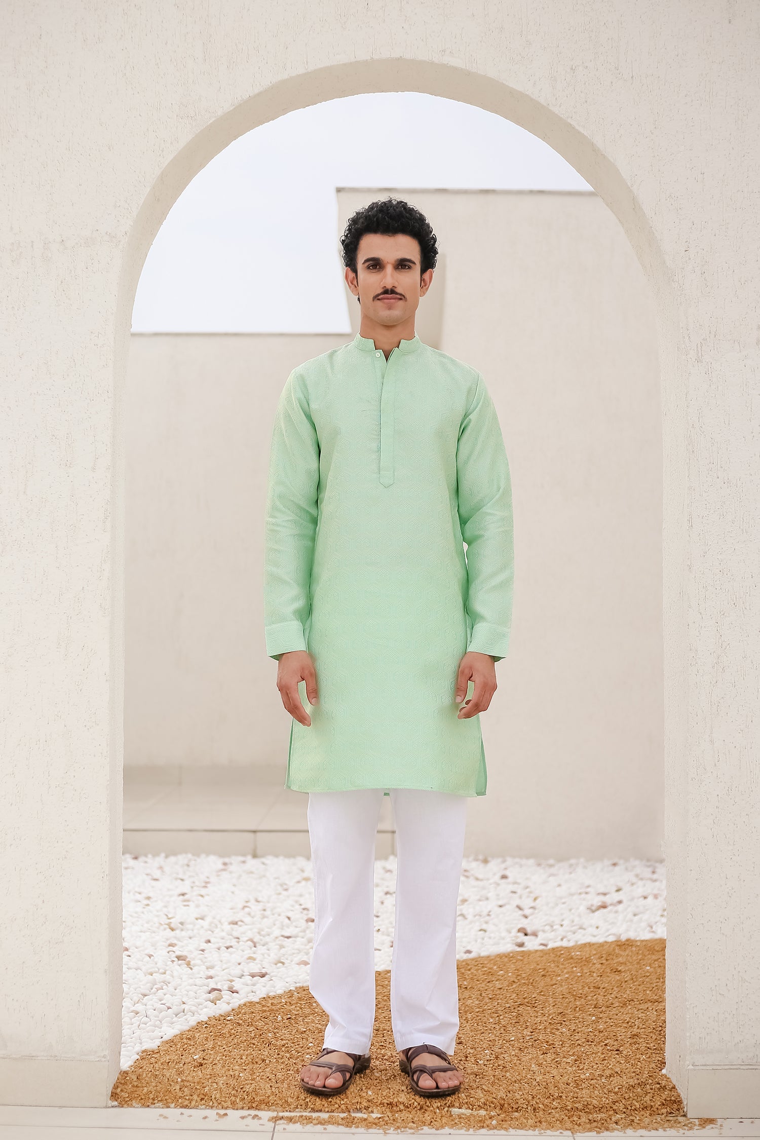 Men's Kurta In Jacquard Self Lime Green
