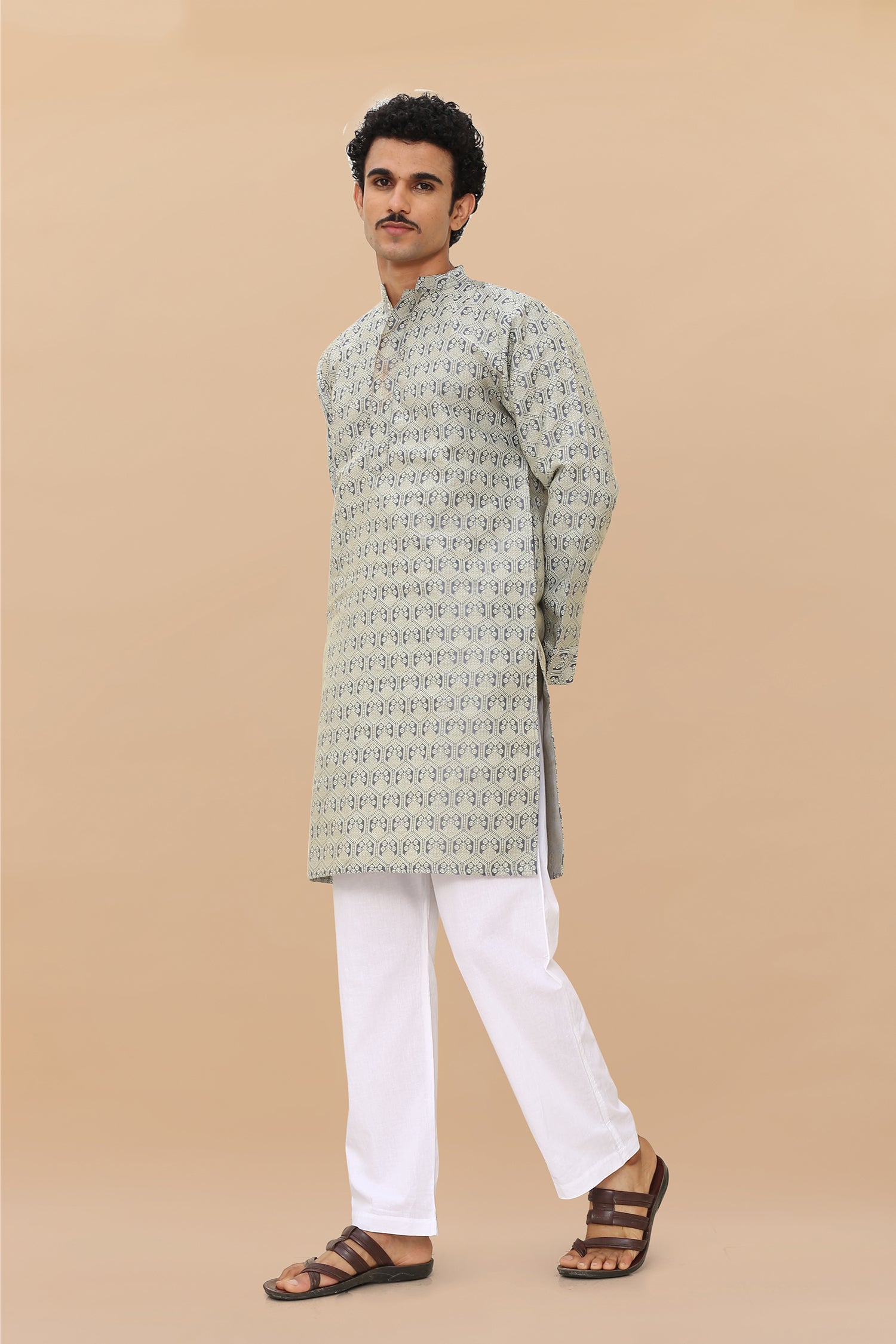 Men's Kurta In Jacquard Self Grey Blue