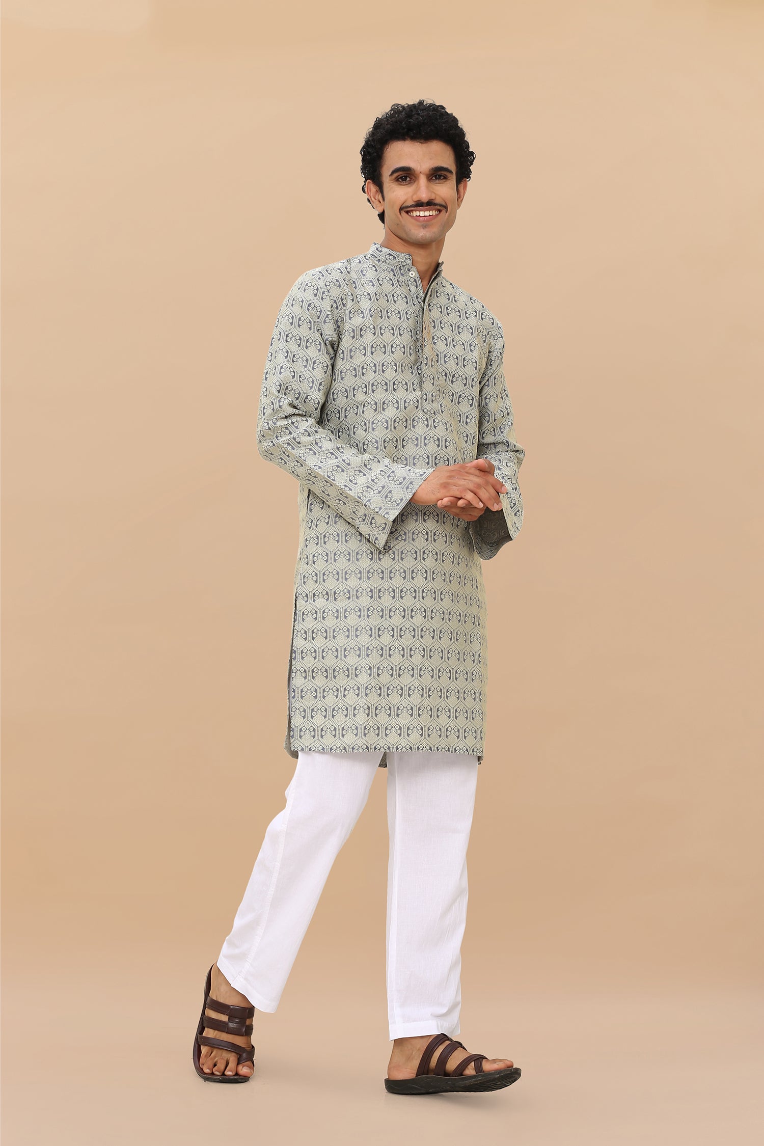 Men's Kurta In Jacquard Self Grey Blue