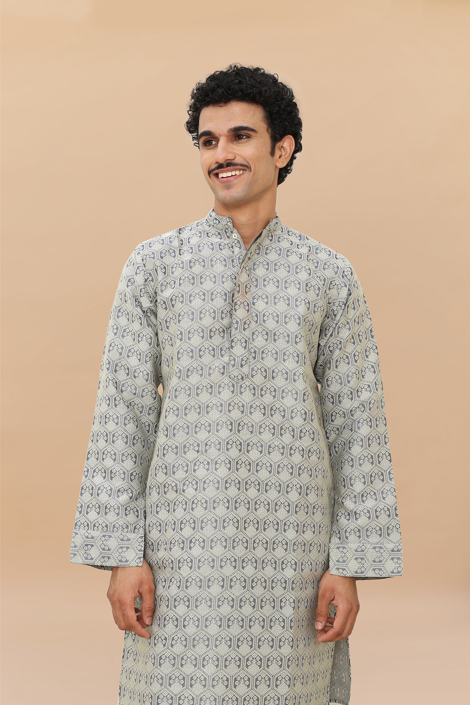 Men's Kurta In Jacquard Self Grey Blue