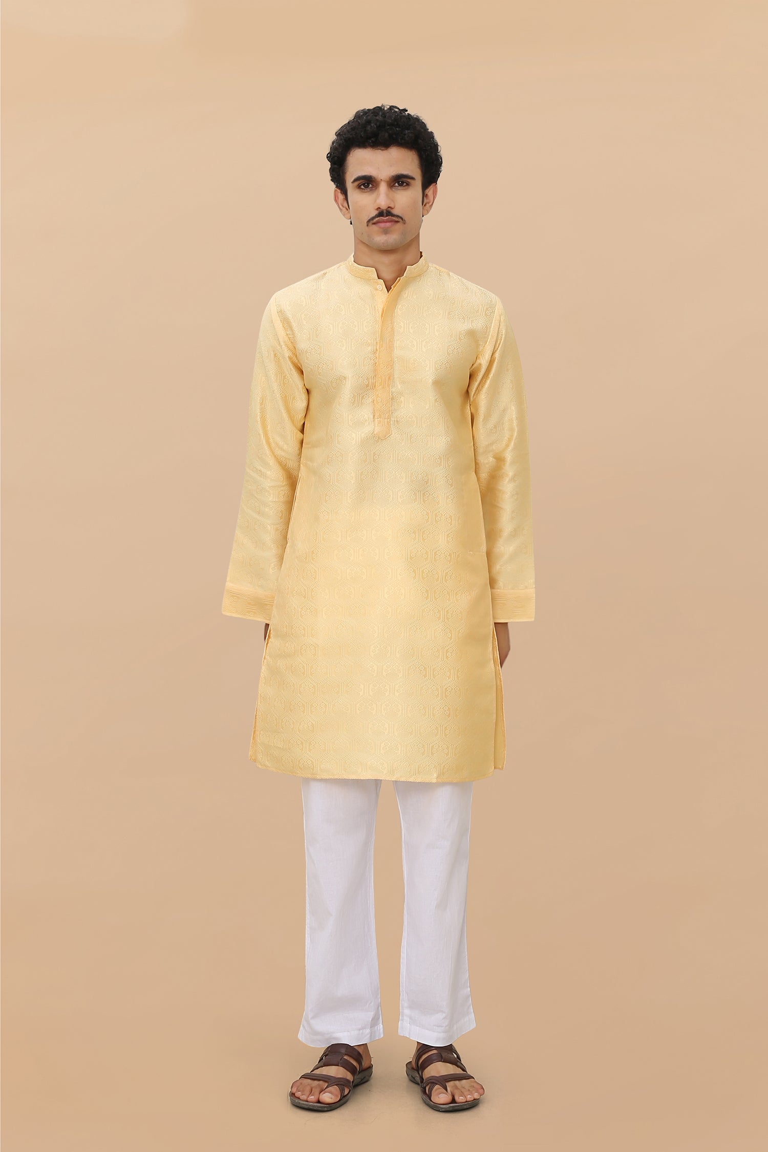 Men's Kurta In Jacquard Self Yellow