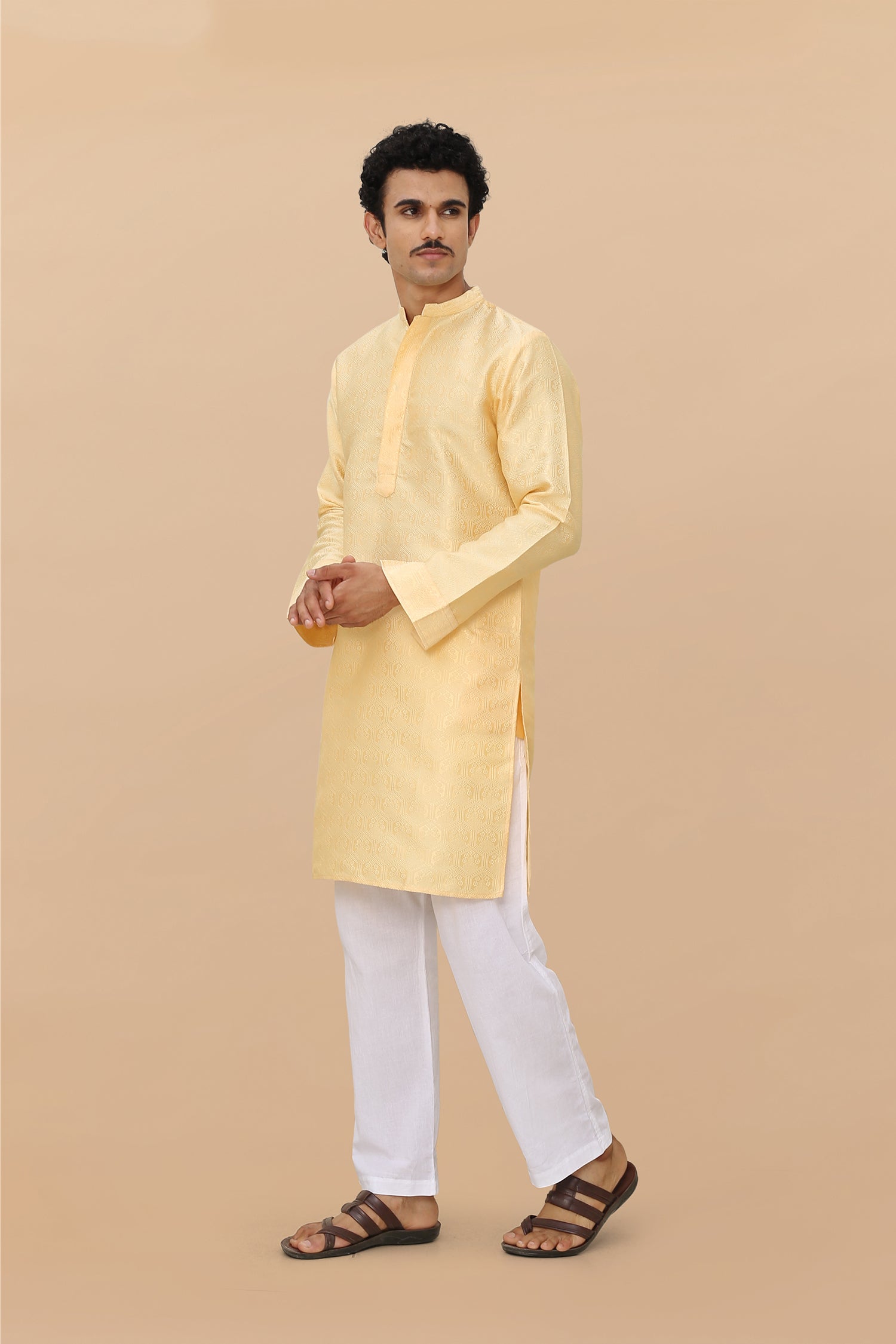 Men's Kurta In Jacquard Self Yellow