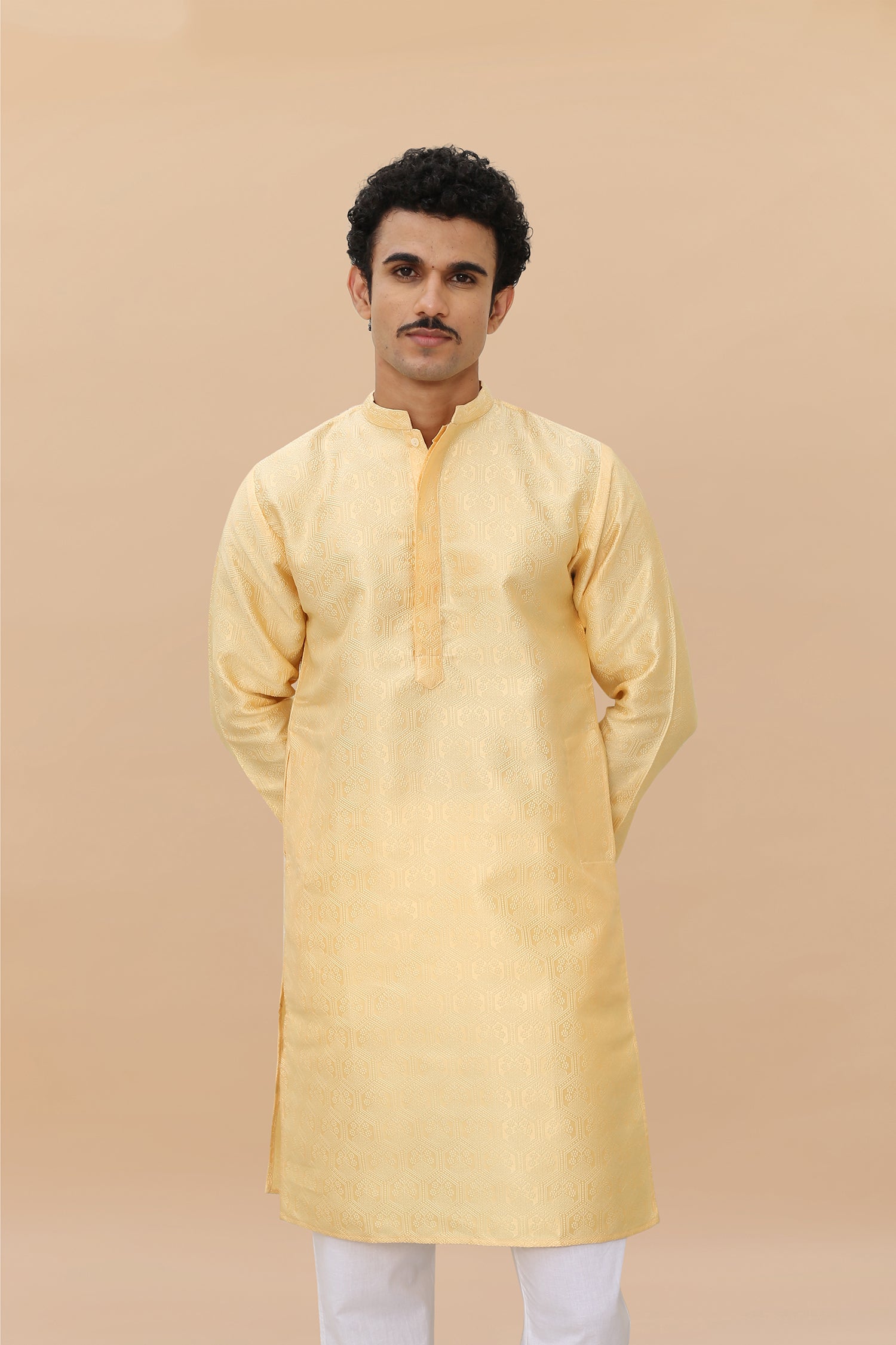 Men's Kurta In Jacquard Self Yellow