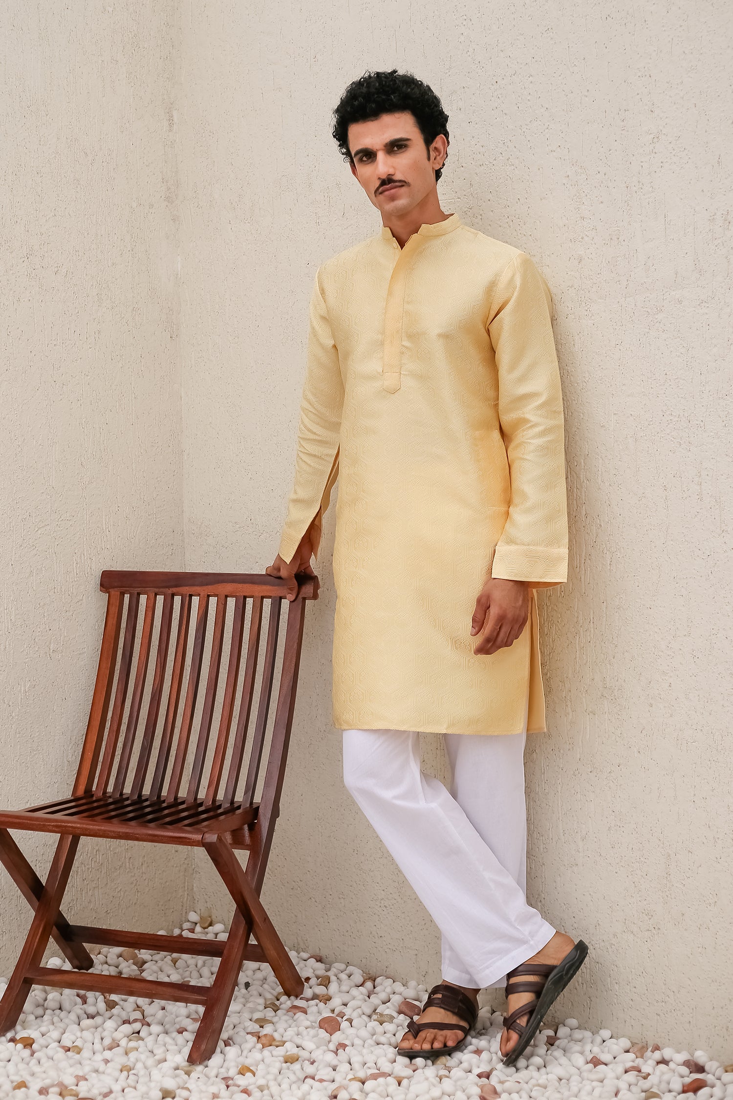 Men's Kurta In Jacquard Self Yellow
