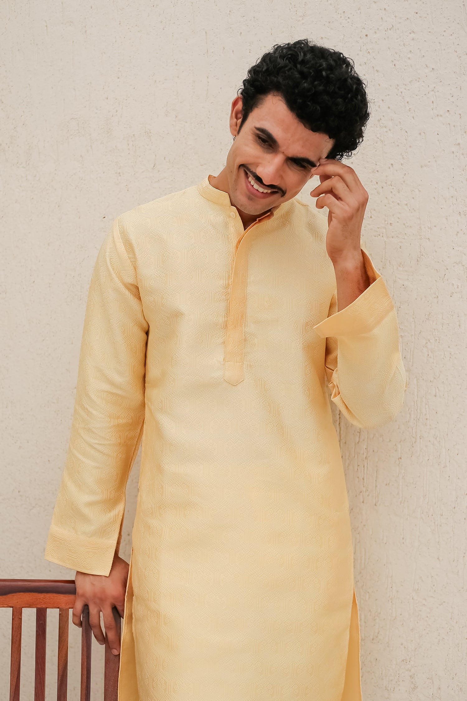 Men's Kurta In Jacquard Self Yellow