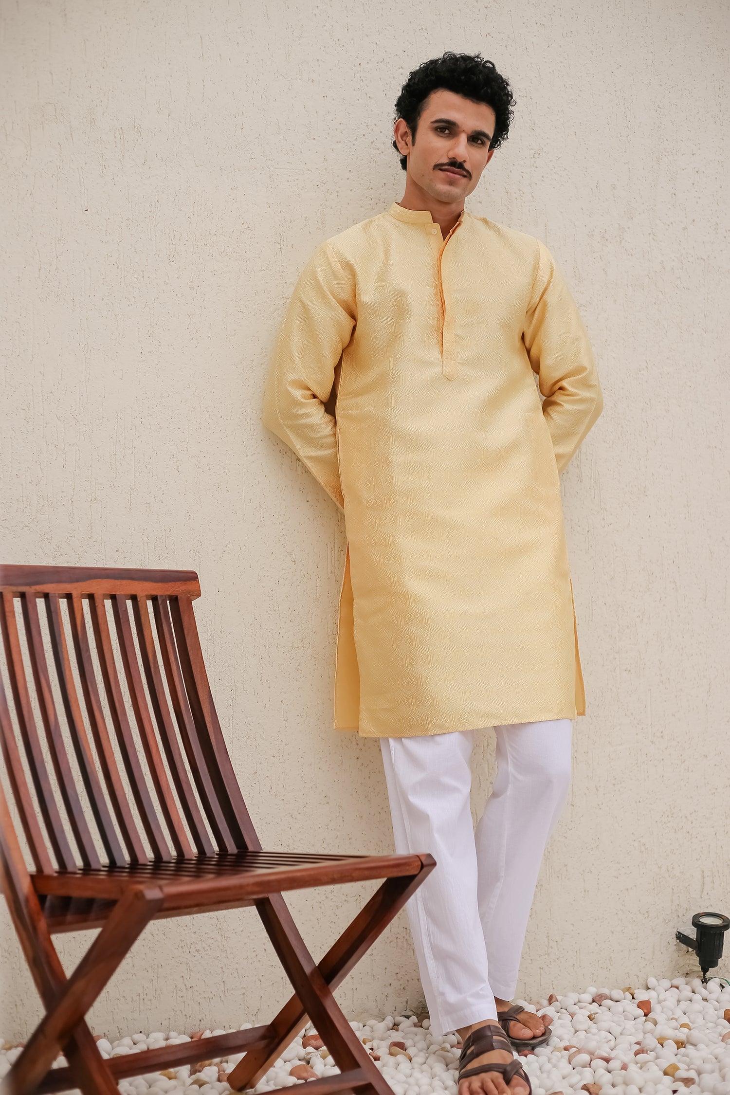 Men's Kurta In Jacquard Self Yellow