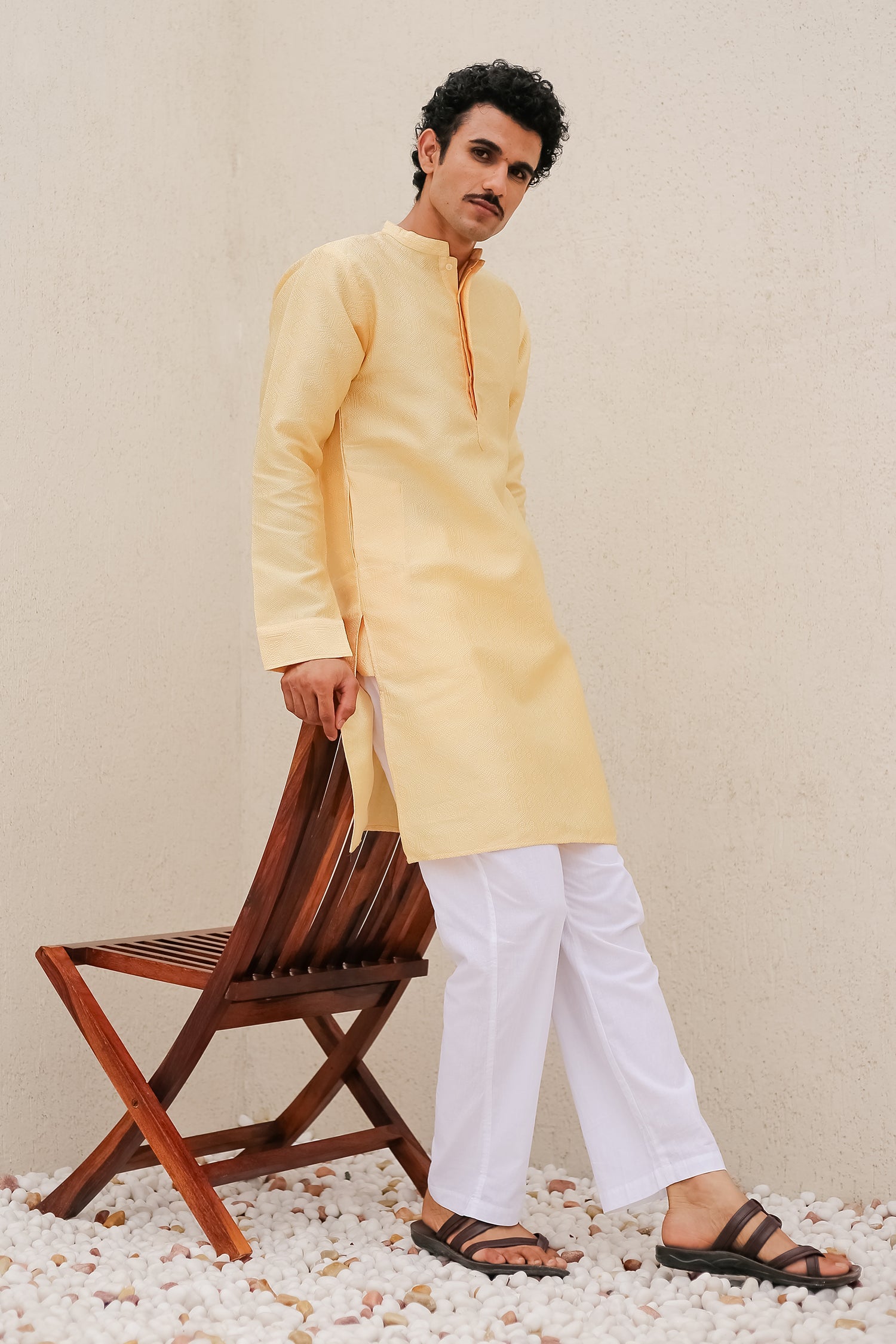Men's Kurta In Jacquard Self Yellow