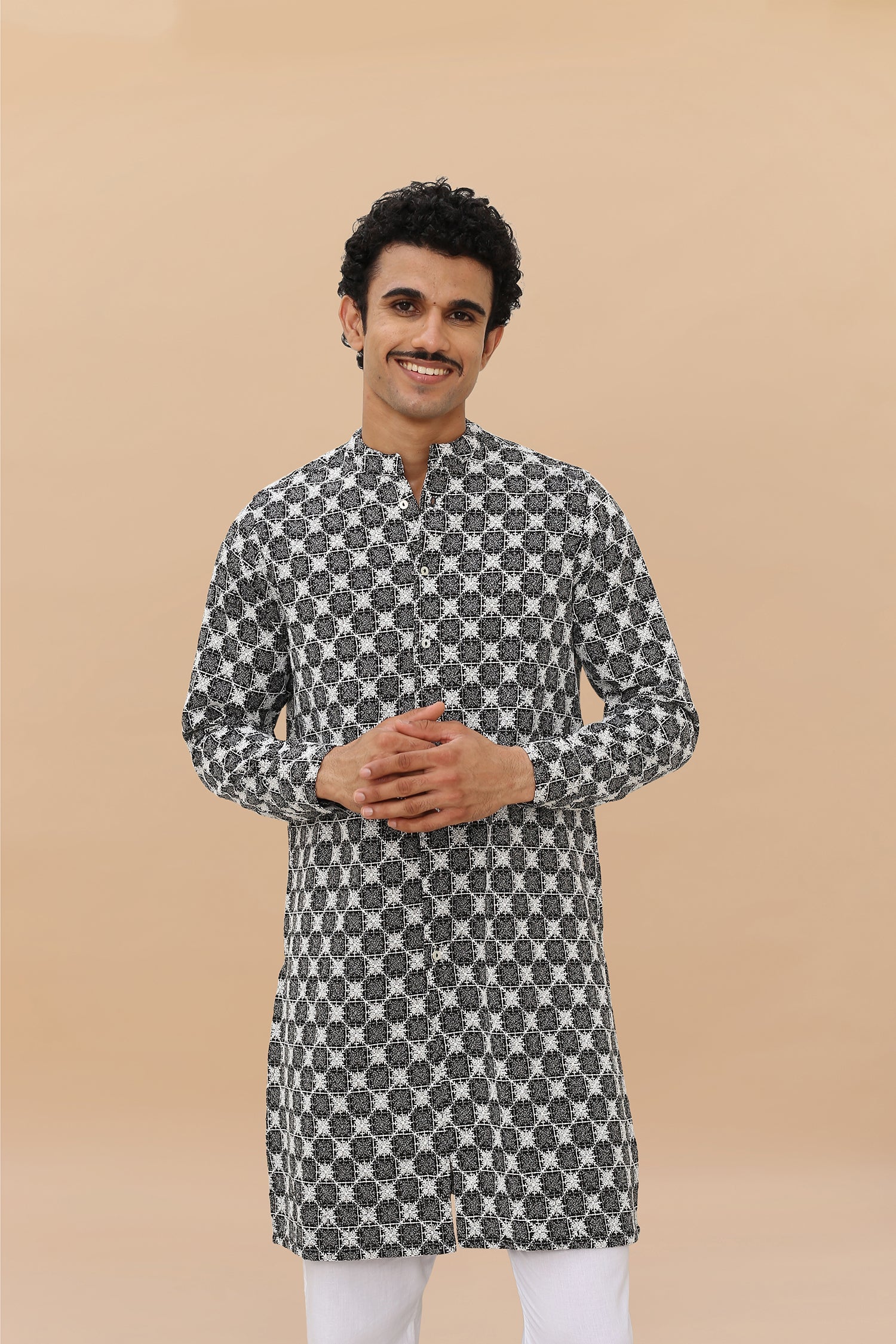 Men's Kurta In Jacquard With Embroidery - Black And White