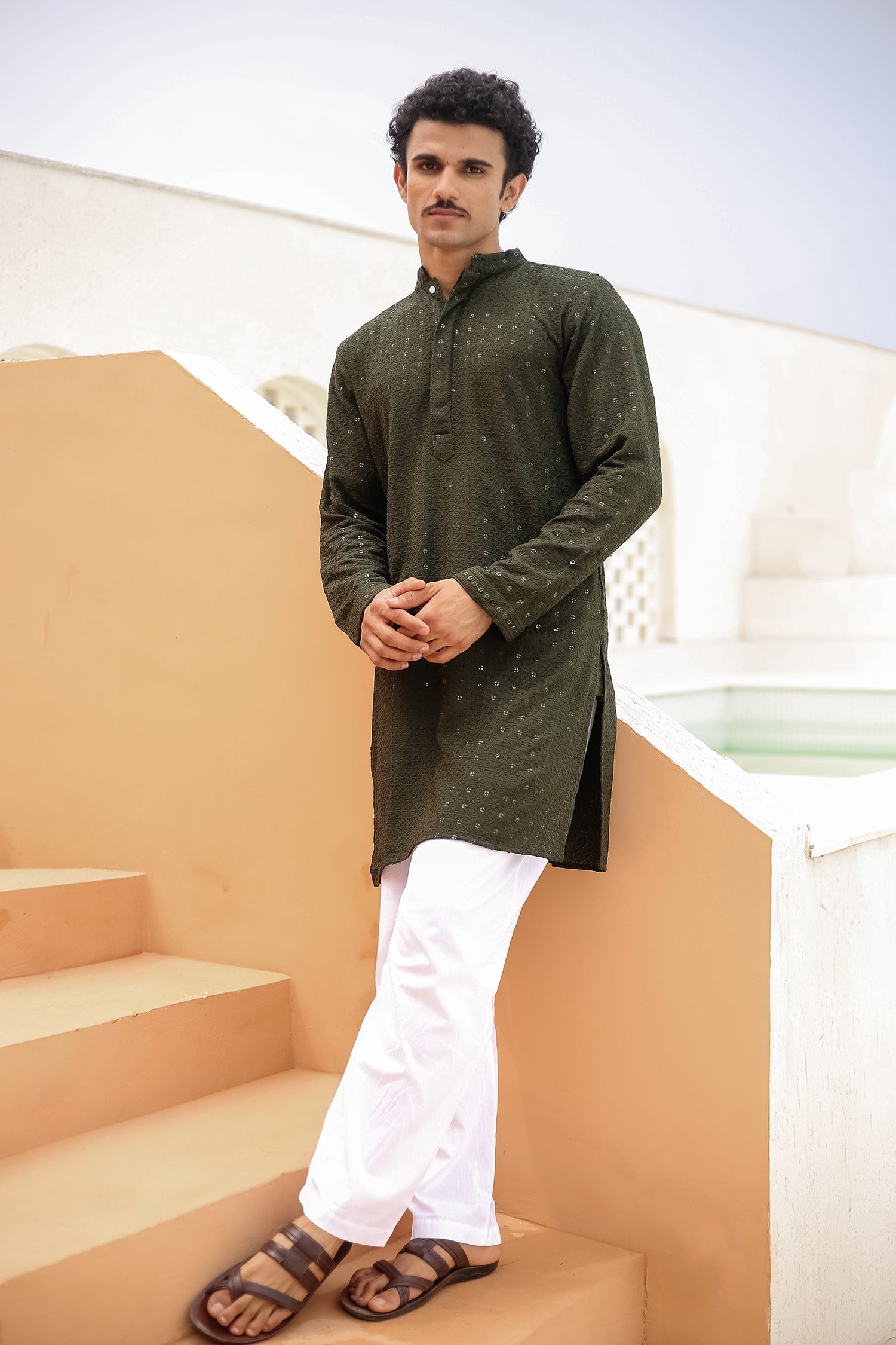 Men's Kurta In Chikankari Rayon - Green