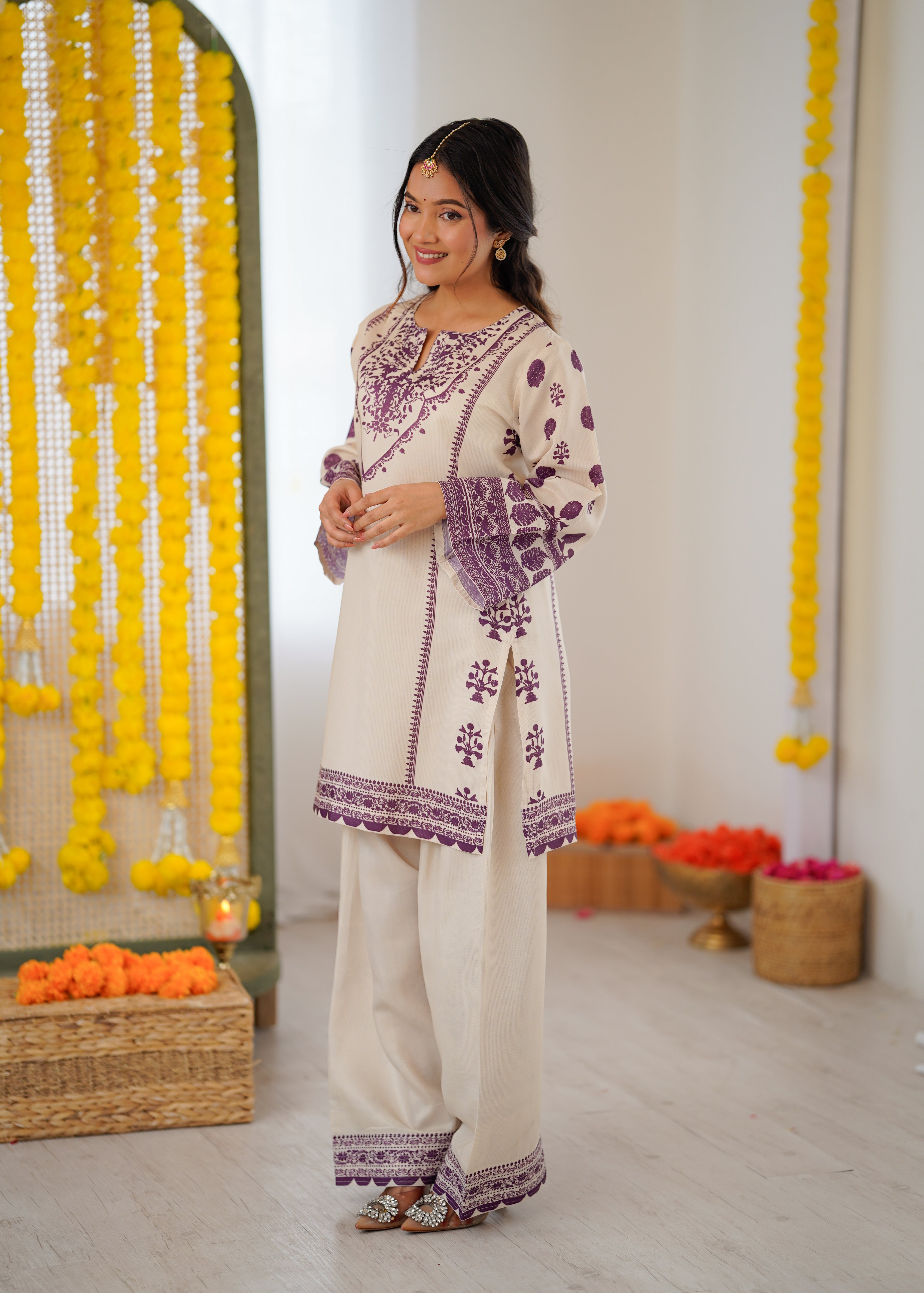 Arti in Lawn Cotton Shimmer Printed Cord Set with Farsi Bottom - Ivory