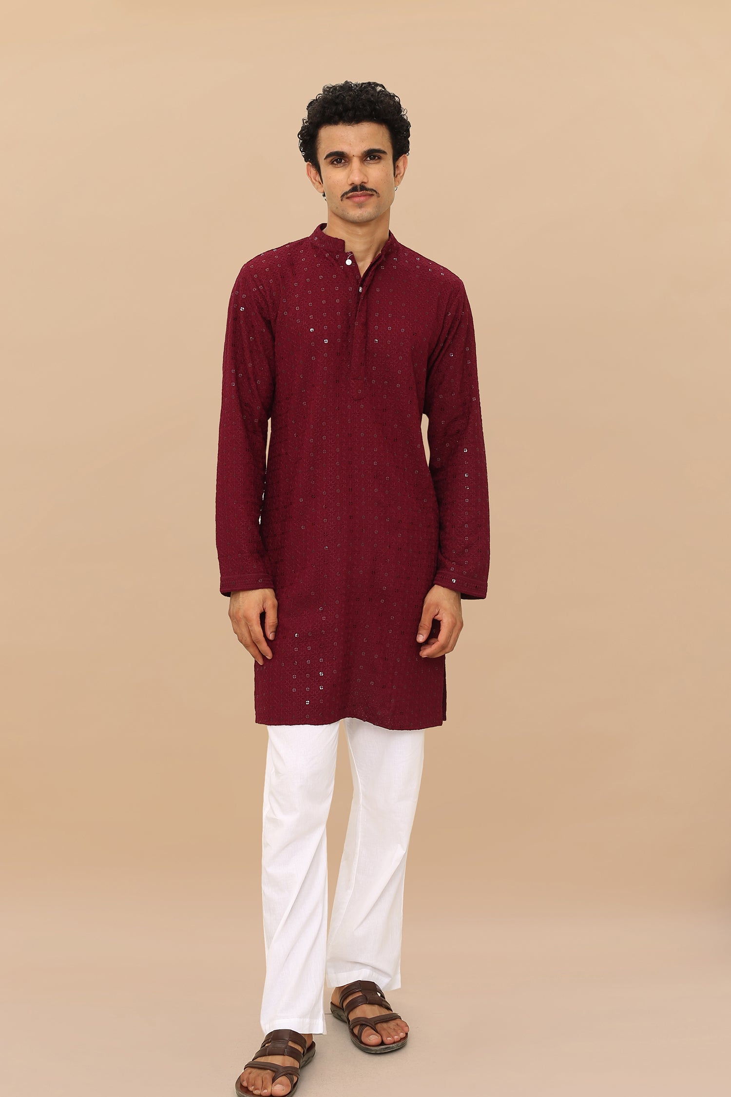 Men's Kurta In Chikankari Rayon - Wine