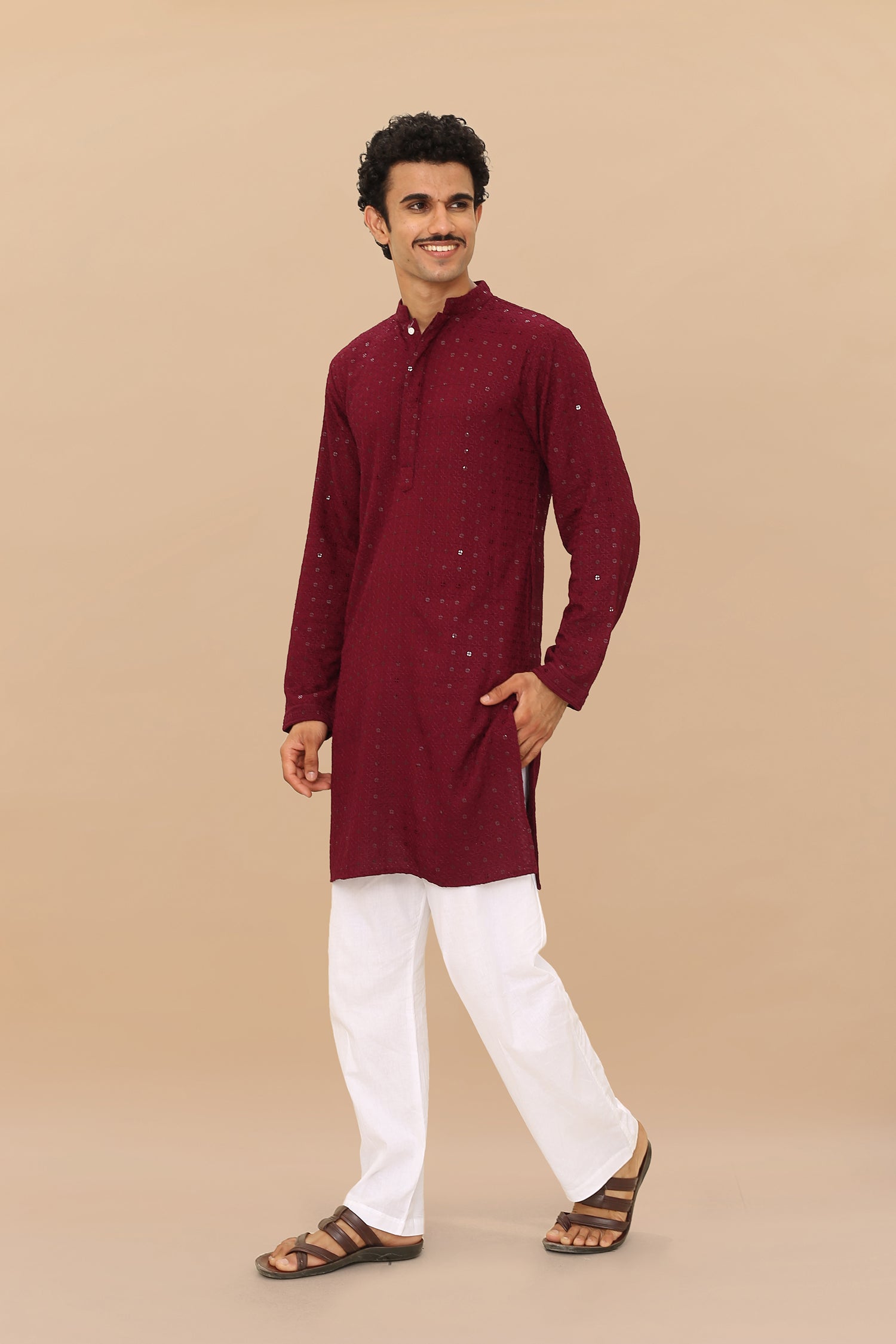 Men's Kurta In Chikankari Rayon - Wine