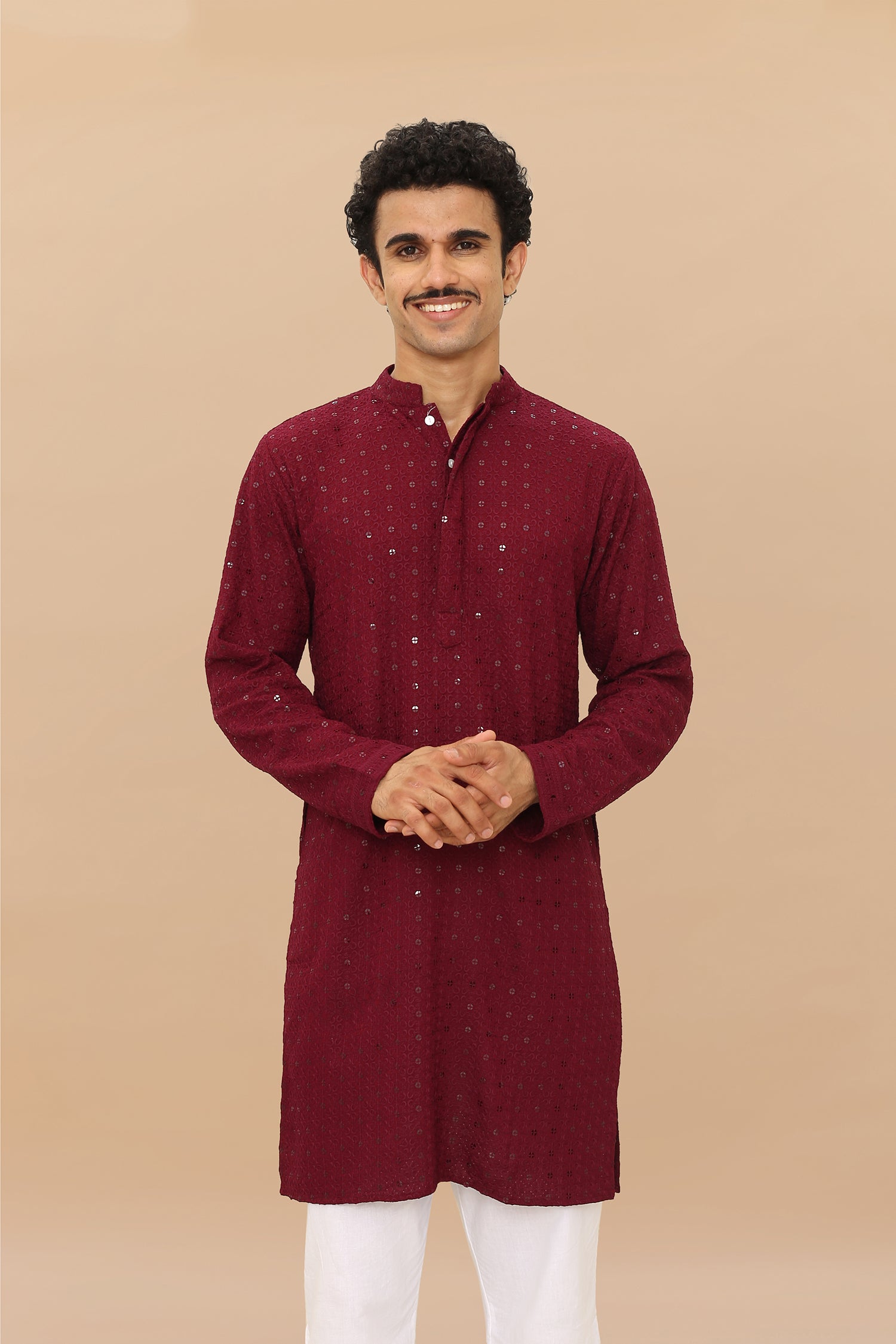 Men's Kurta In Chikankari Rayon - Wine