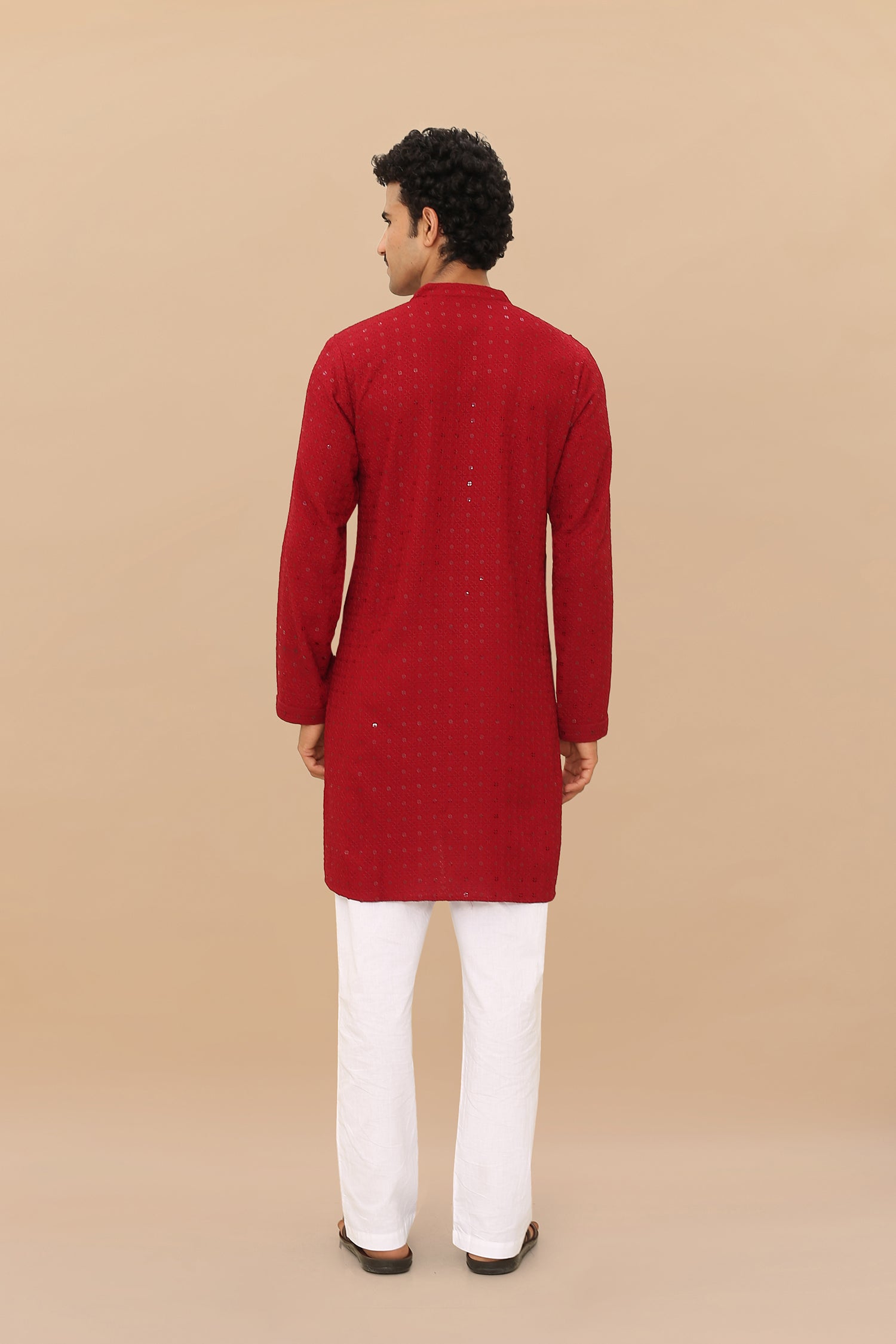 Men's Kurta In Chikankari Rayon - Maroon