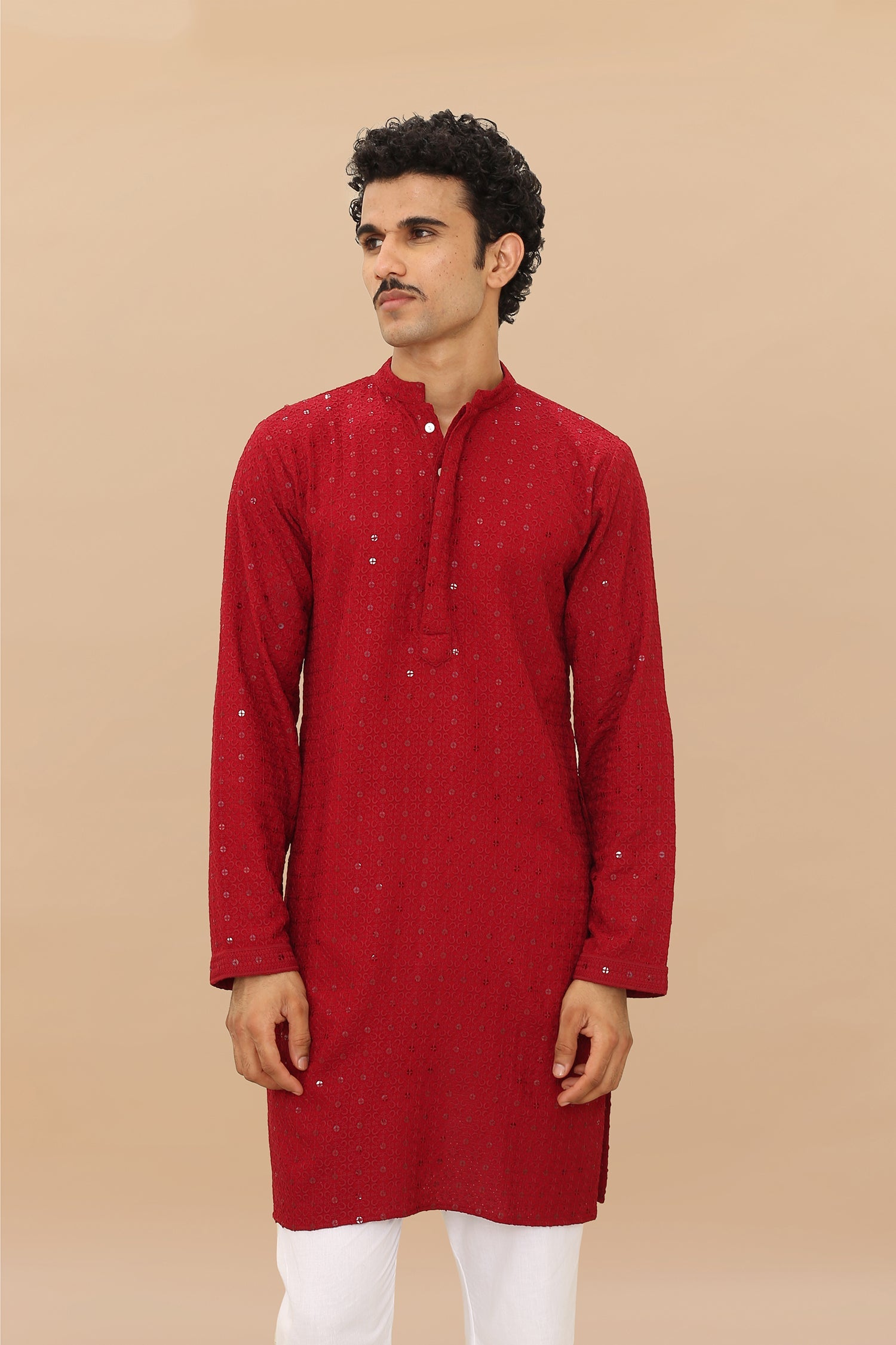 Men's Kurta In Chikankari Rayon - Maroon