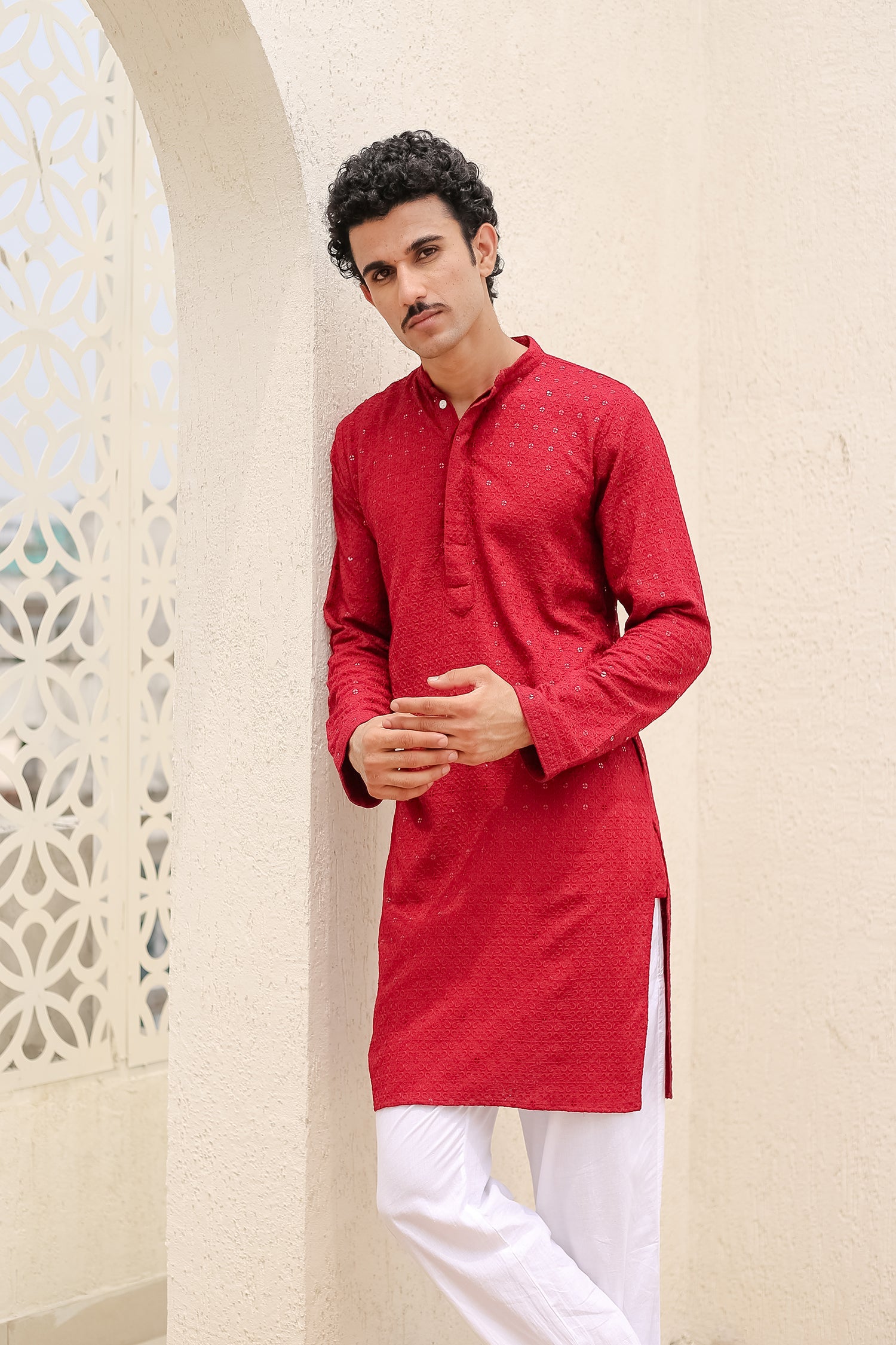Men's Kurta In Chikankari Rayon - Maroon