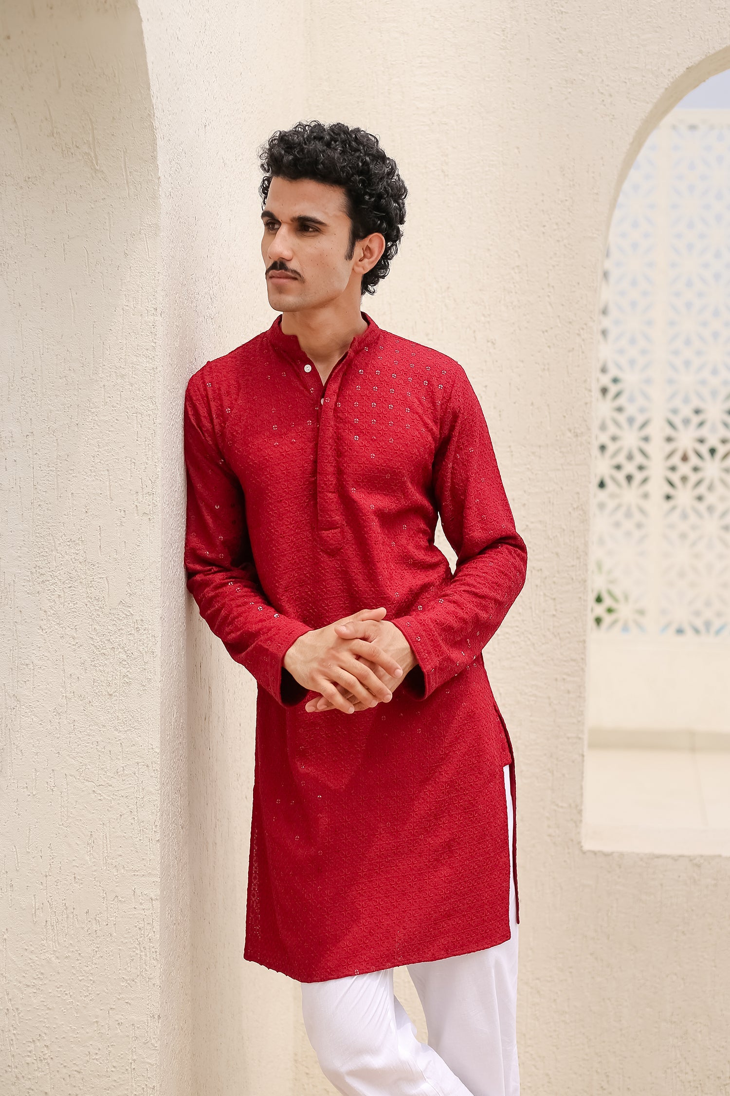 Men's Kurta In Chikankari Rayon - Maroon