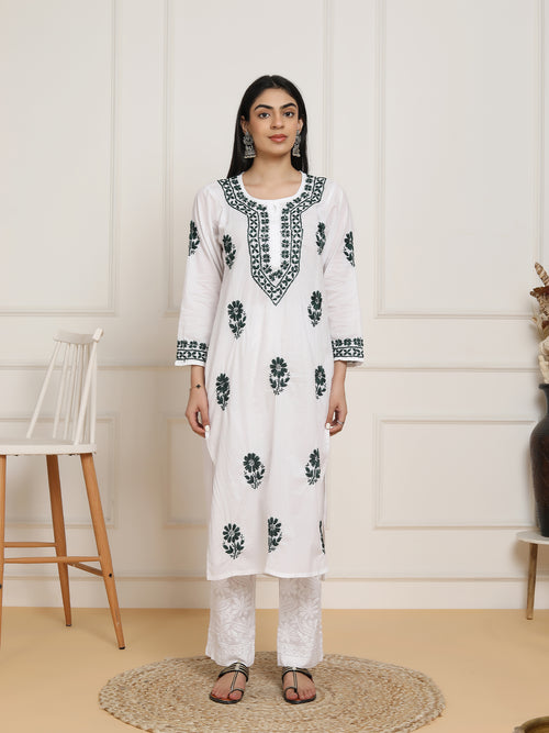 Saba Chikankari Set in Mul cotton Kurta for Women - White with Green
