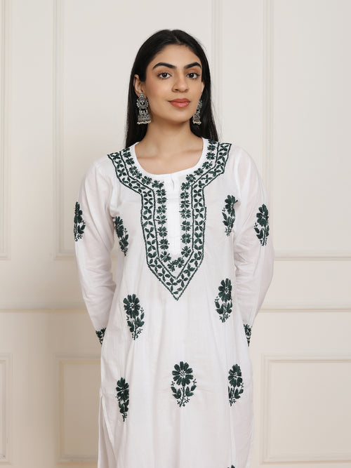 Fizaa's Chikankari Set in Mul cotton Kurta for Women - White with Green