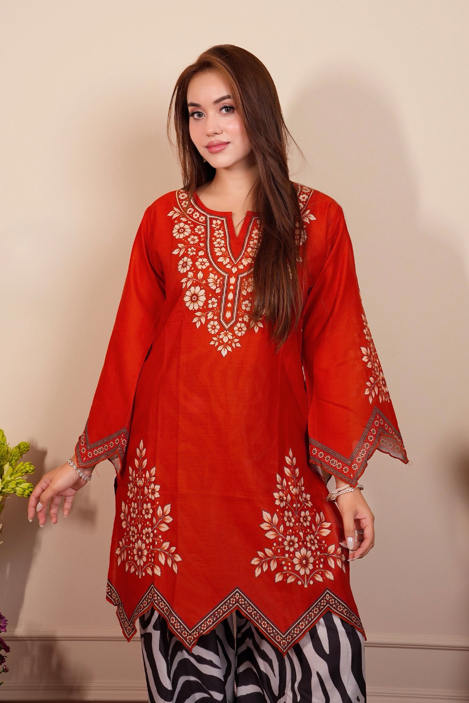 Lawn Cotton Printed Co-ord Set Laser-Cut - Rust Red