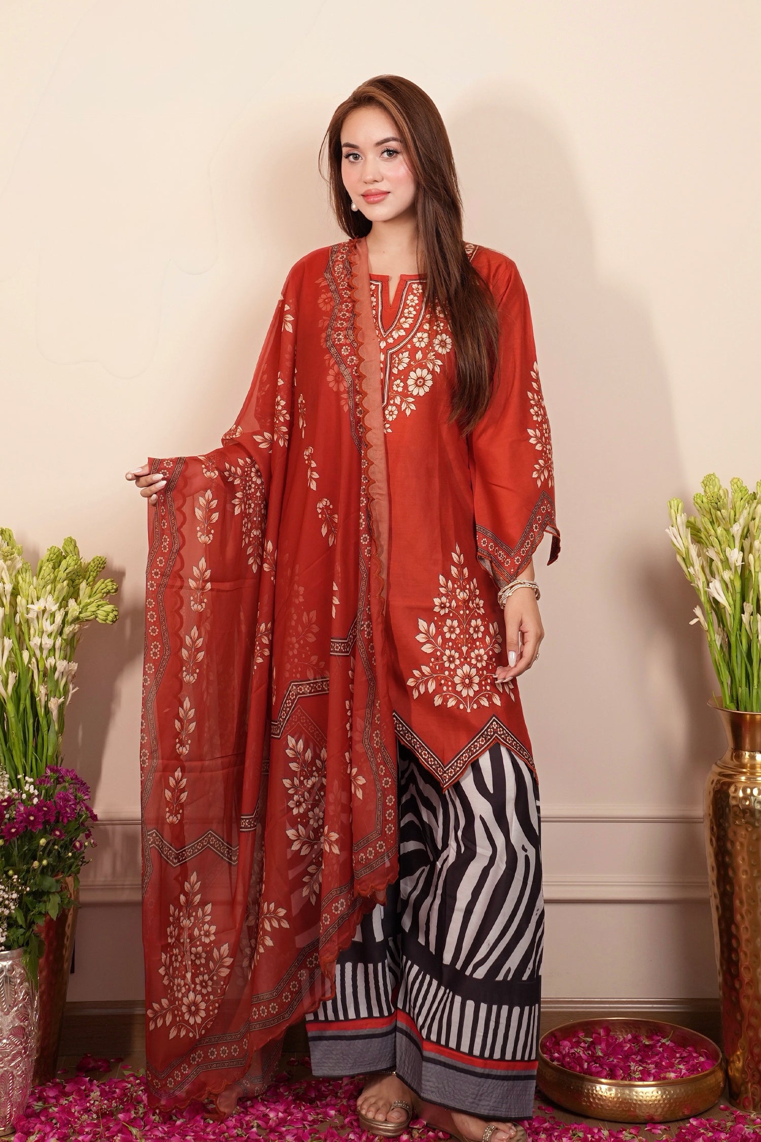 Lawn Cotton Printed Co-ord Set Laser-Cut - Rust Red