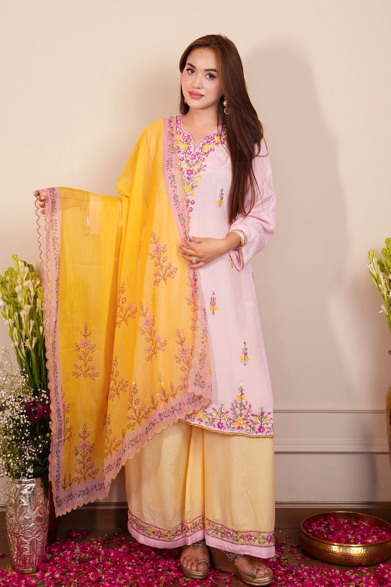 Pure Sequin Chinnon Chiffon Embroidered Kurta Set - Blush Pink