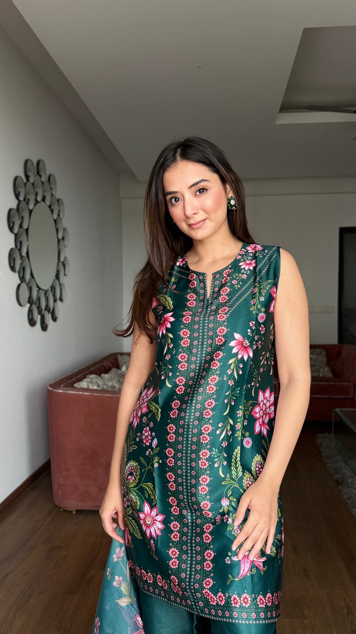Evneet in Floral Printed Cupro Silk Co-ord Set in Deep Green