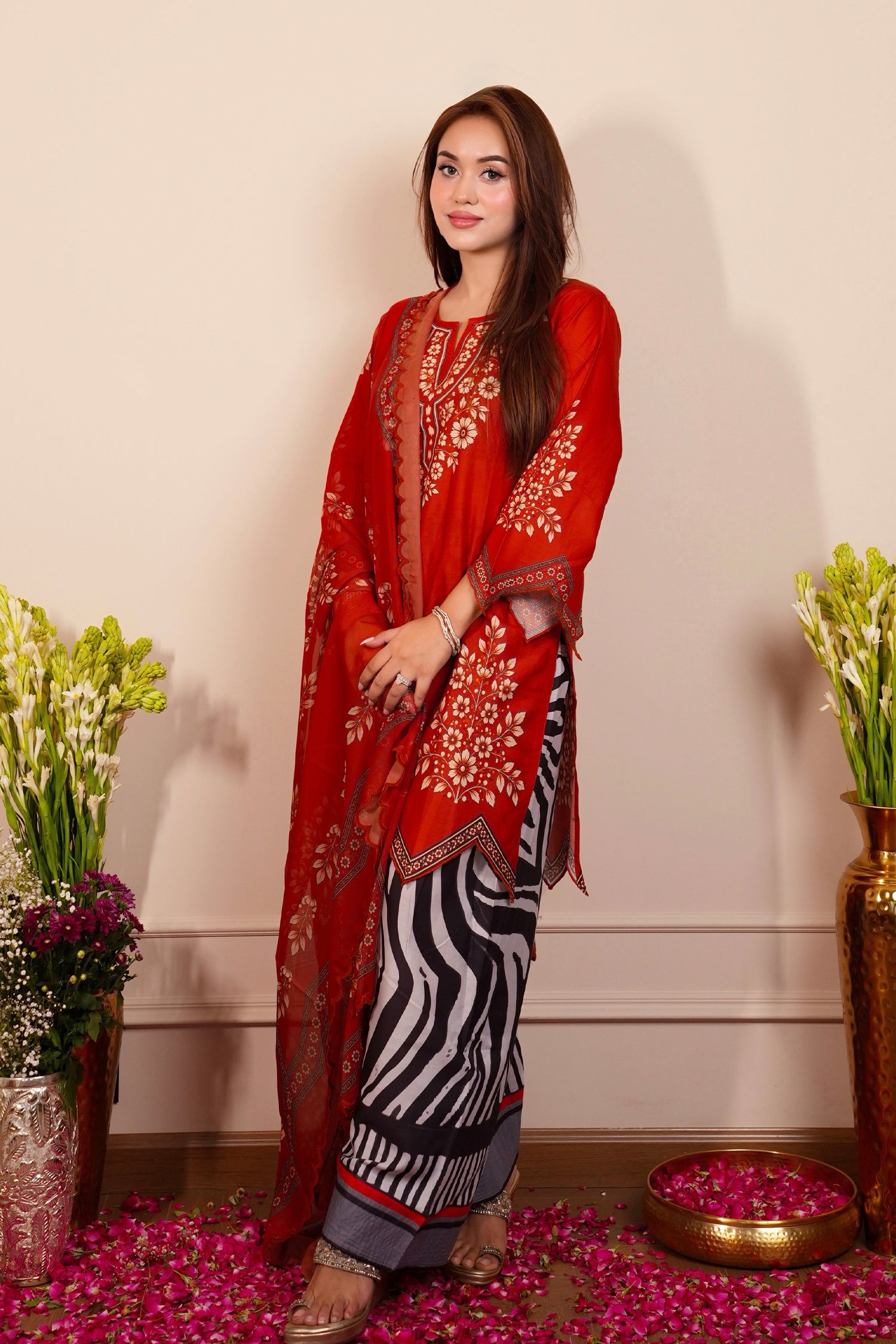 Lawn Cotton Printed Co-ord Set Laser-Cut - Rust Red