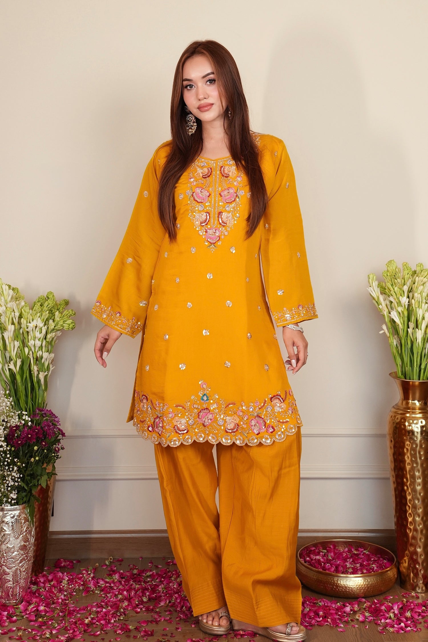Mix Sequin Mul Chanderi Silk Embroidered Kurta Set - Mustard
