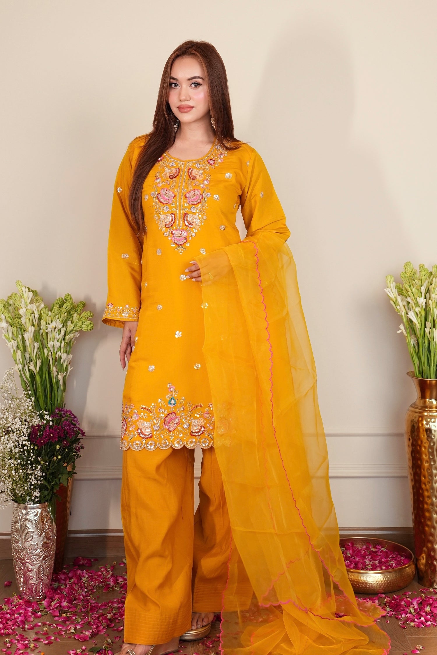 Mix Sequin Mul Chanderi Silk Embroidered Kurta Set - Mustard