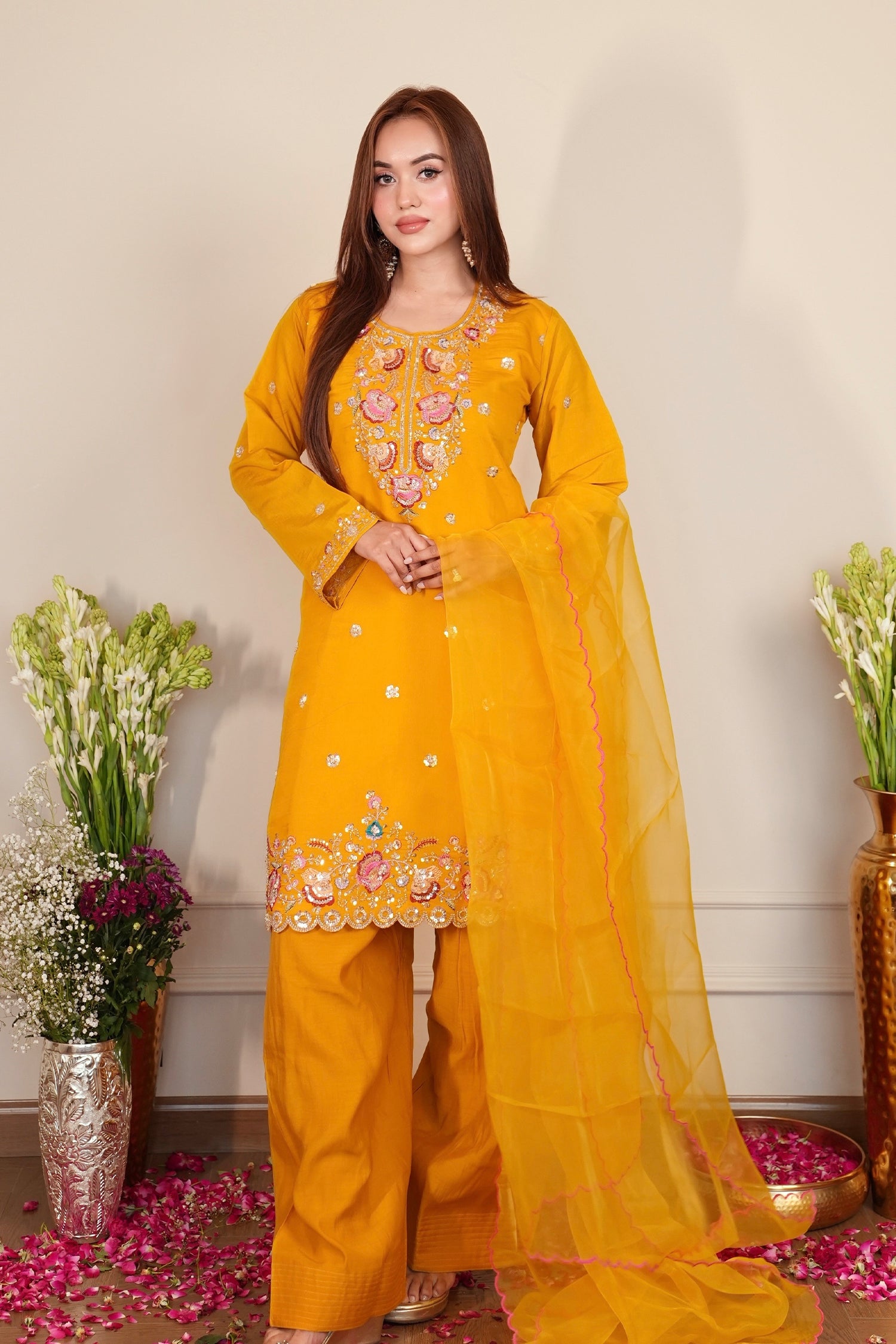 Mix Sequin Mul Chanderi Silk Embroidered Kurta Set - Mustard