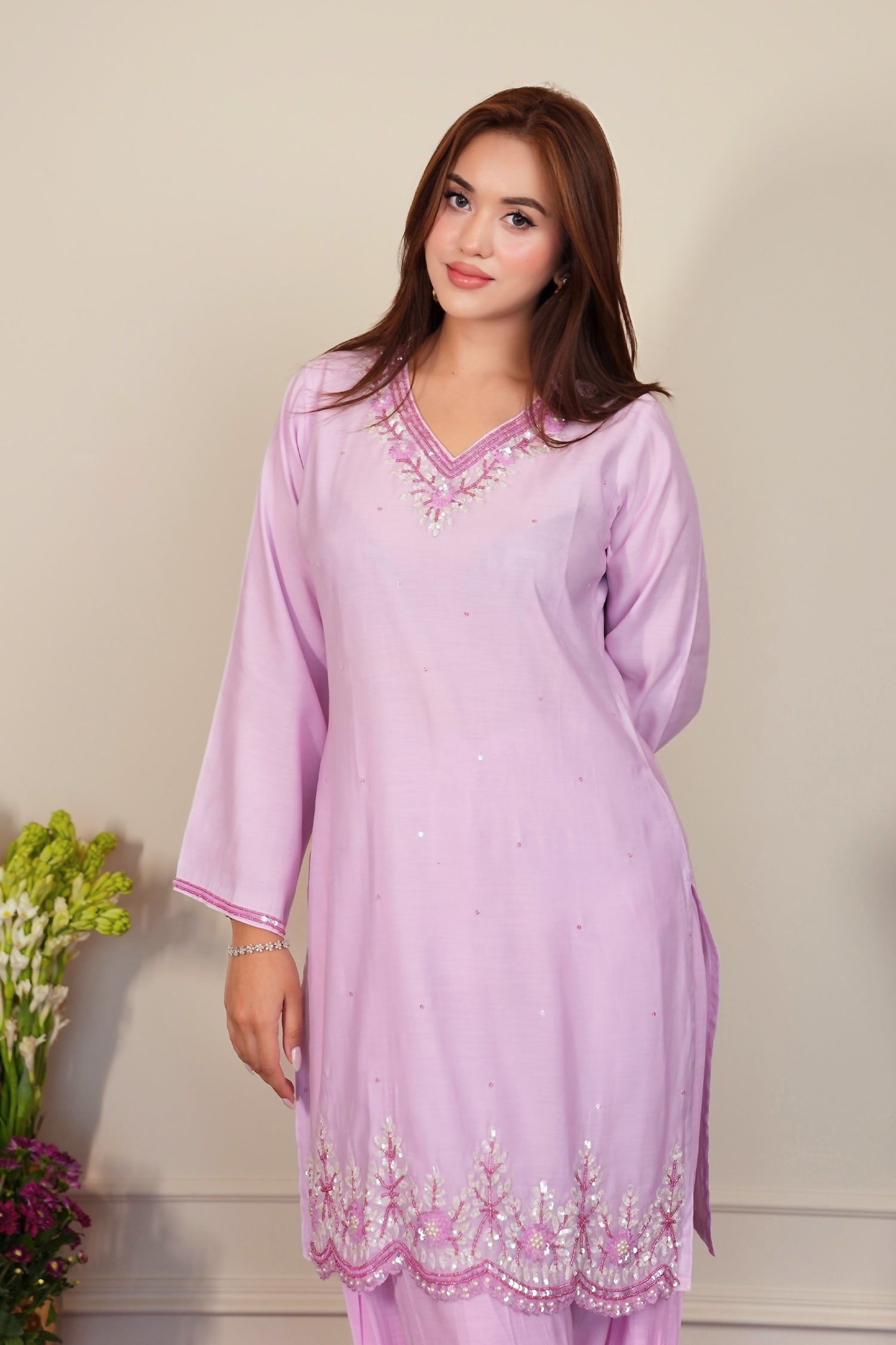 Pure Sequin Mul Chanderi Silk Embroidered Kurta Set - Pastel Pink