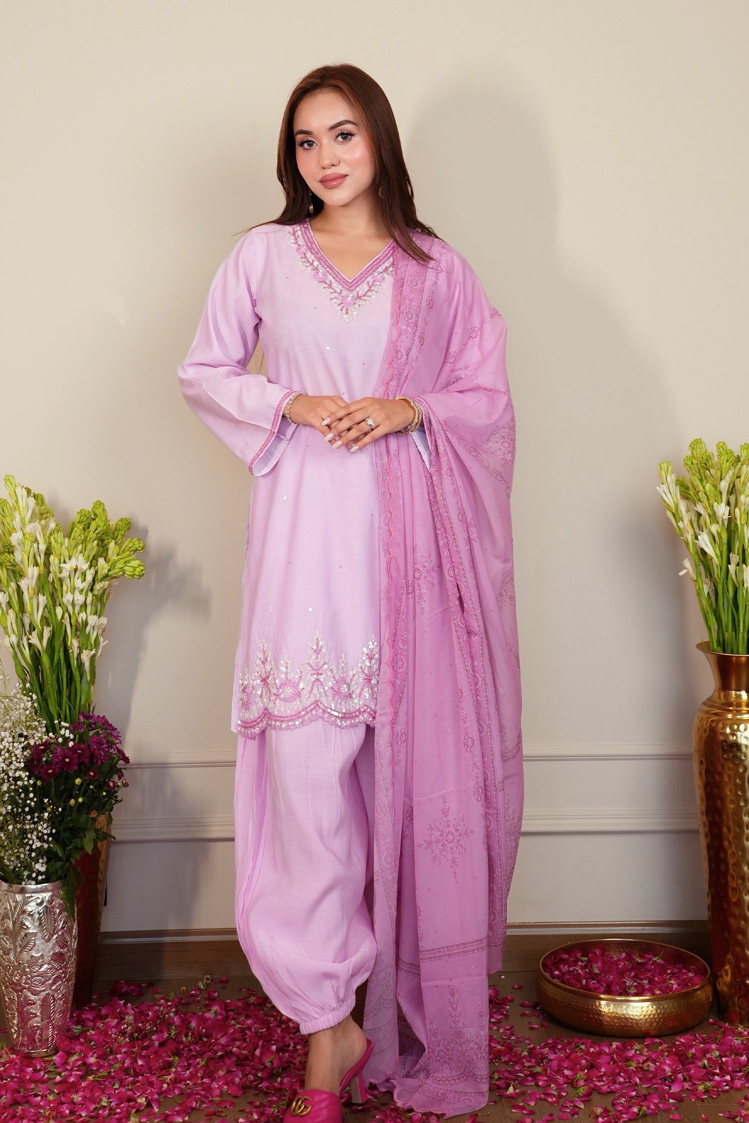 Pure Sequin Mul Chanderi Silk Embroidered Kurta Set - Pastel Pink