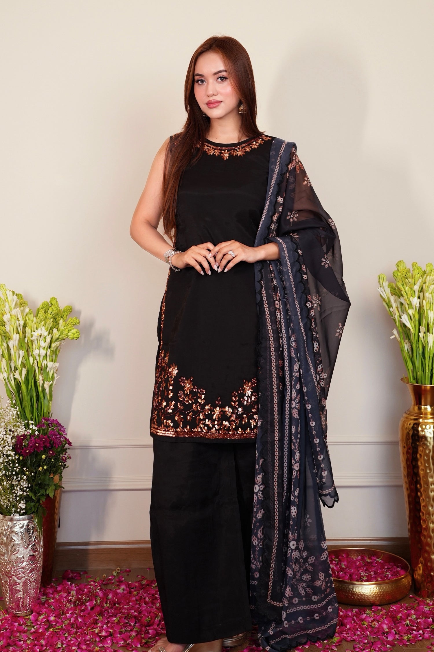Pure Sequin Mul Chanderi Silk Kurta Set - Black Rose Gold