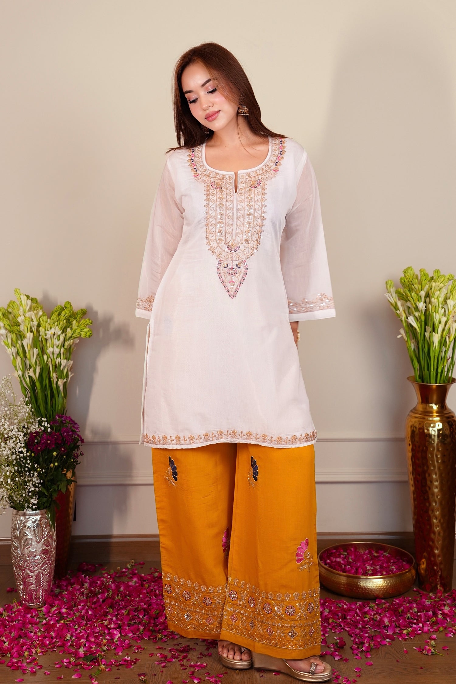 Mix Sequin Mul Chanderi Silk Embroidered Kurta Set - Ivory & Mustard