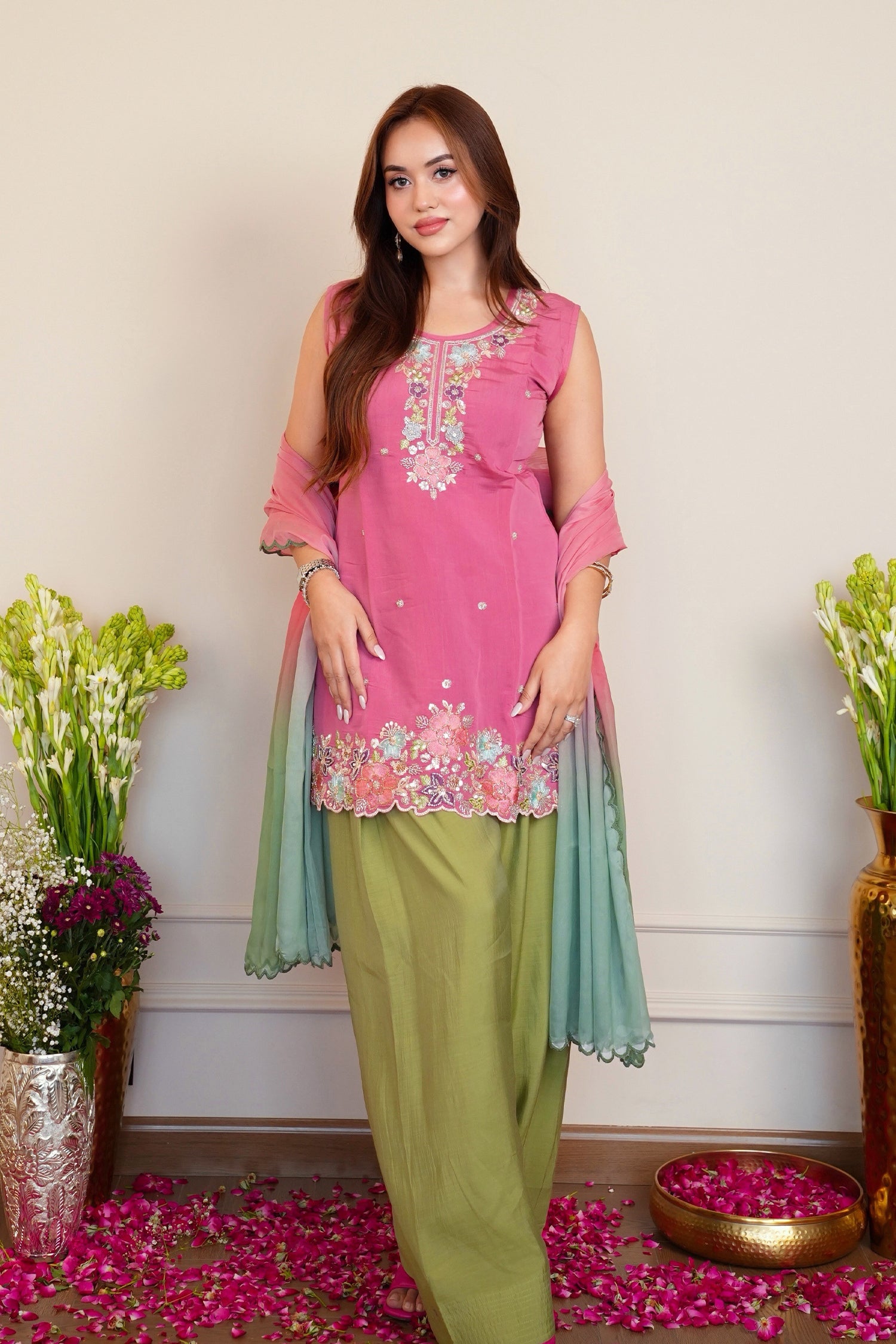 Mix Sequin Mul Chanderi Silk Embroidered Kurta Set - Blush Pink & Olive