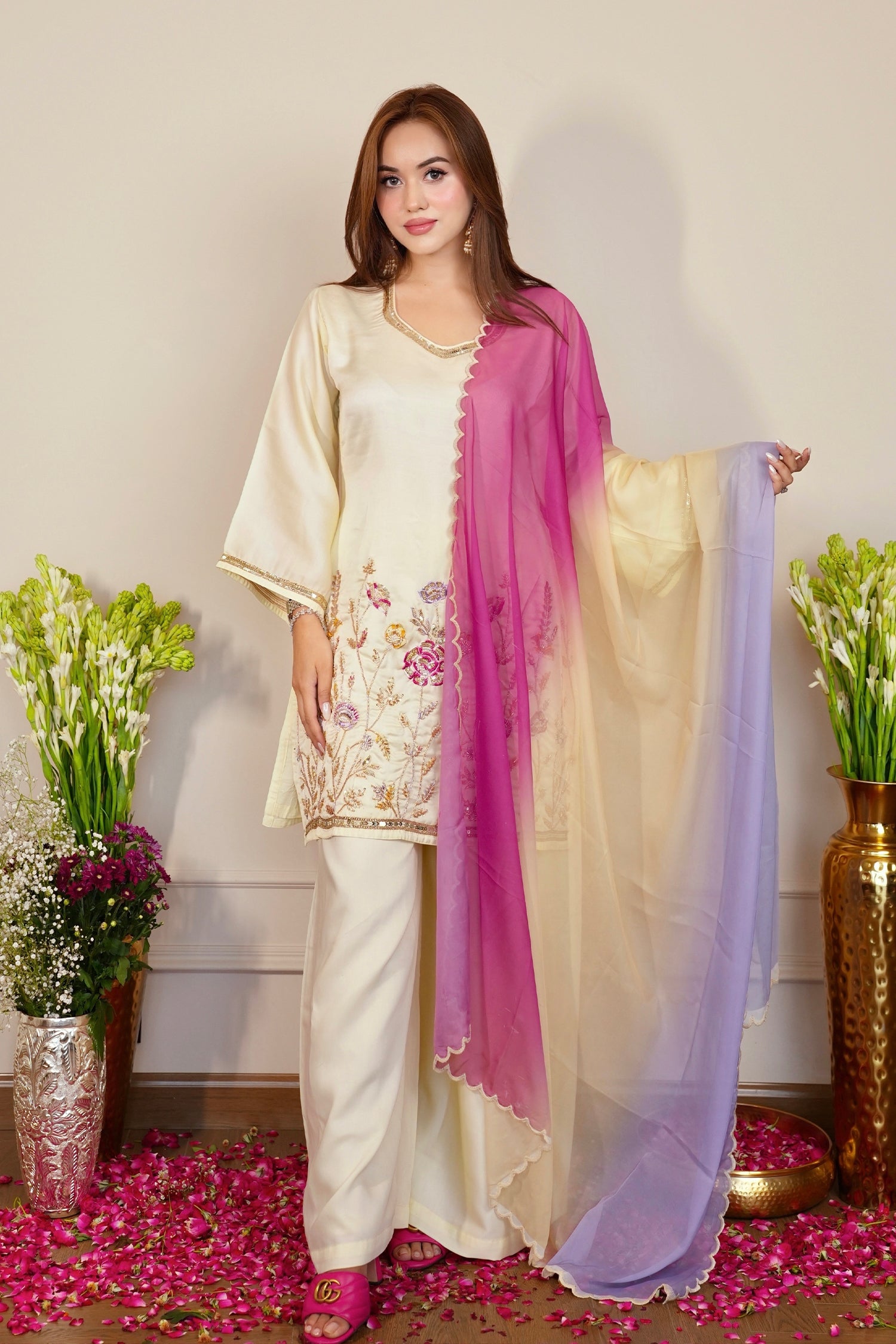 Mix Sequin Mul Chanderi Silk Embroidered Kurta Set - Butter Yellow