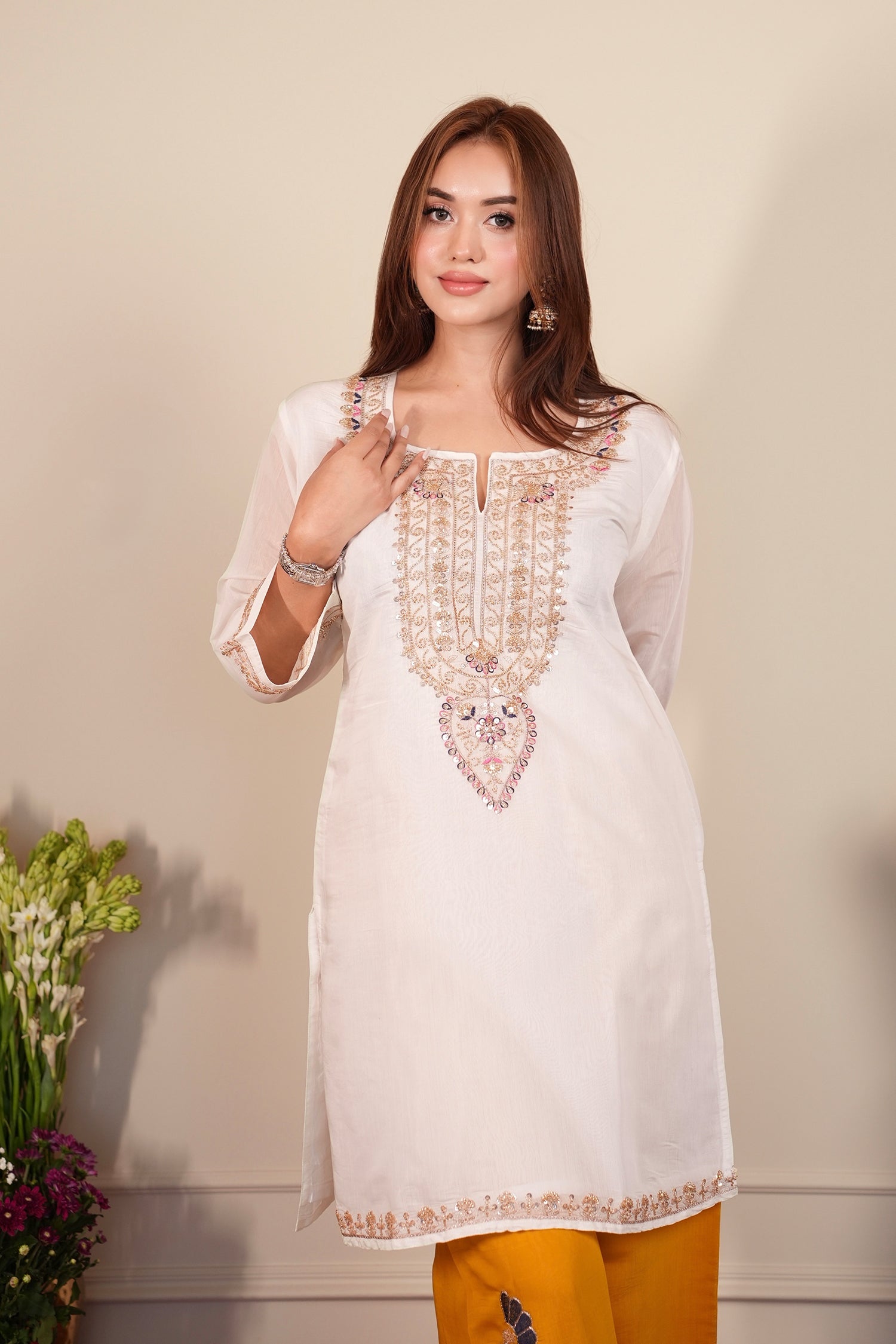 Mix Sequin Mul Chanderi Silk Embroidered Kurta Set - Ivory & Mustard