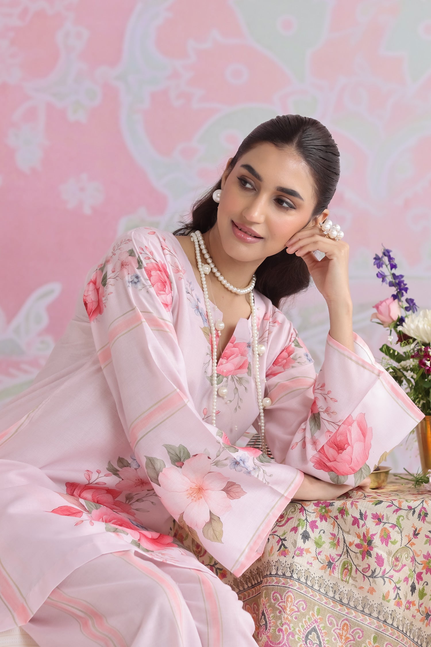 Priyanka x HOK in Blush Pink Floral Printed Lawn Cotton Kurta Set with Straight Pants