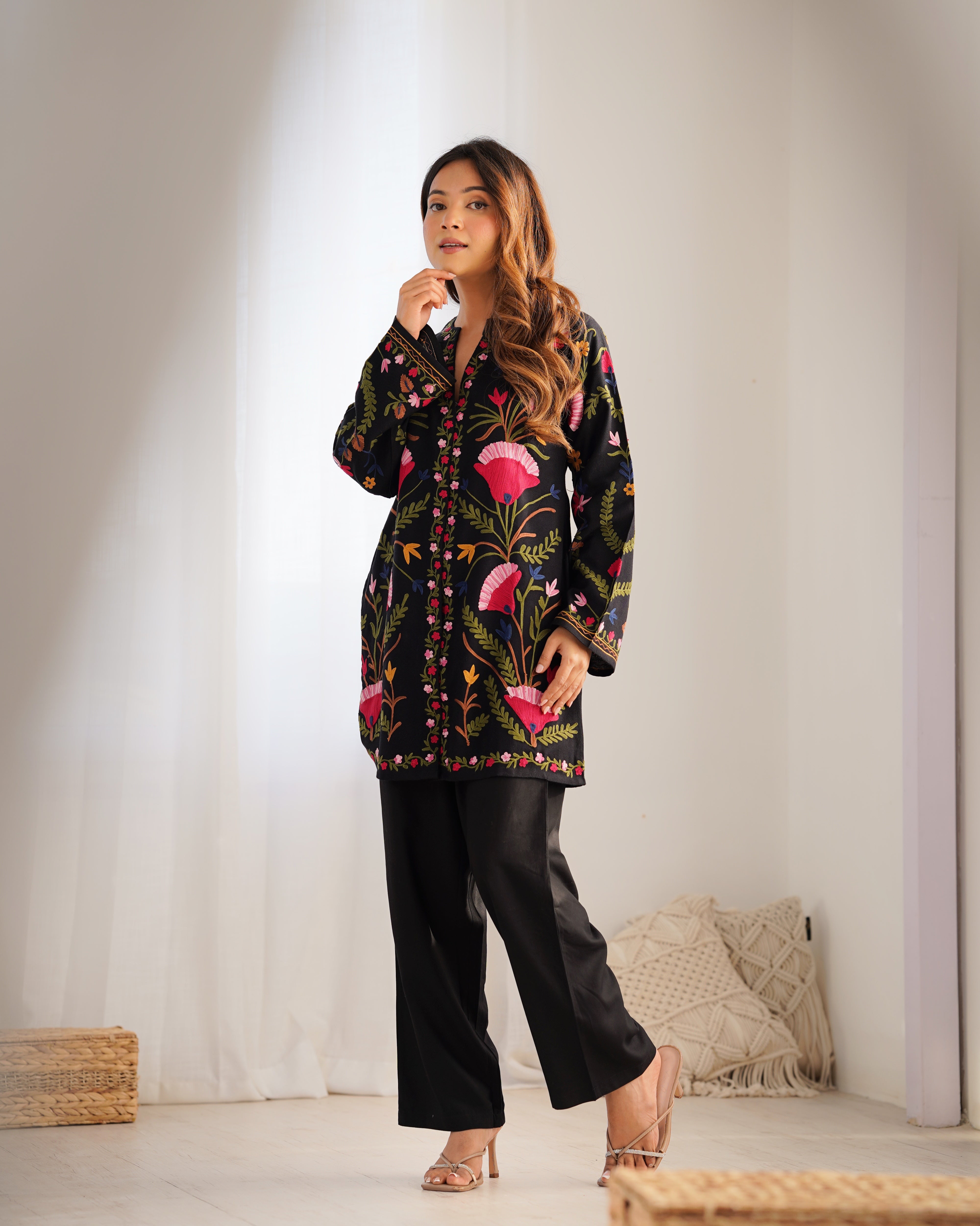 Aarti in Kashmiri Aari Work Cotton Kurta Jacket – Black