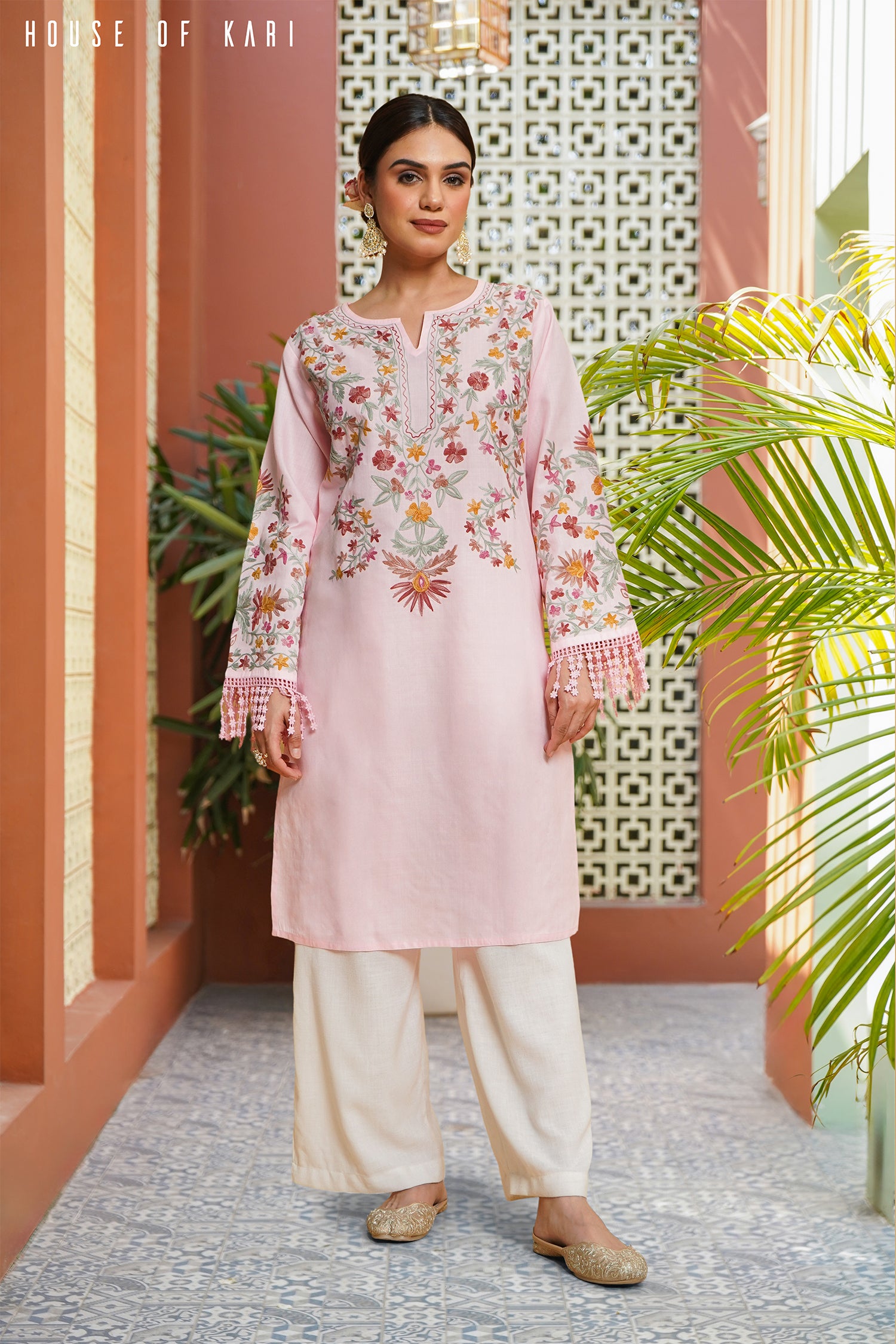 Kashmiri Aari Work Cotton Long Kurta – Pink
