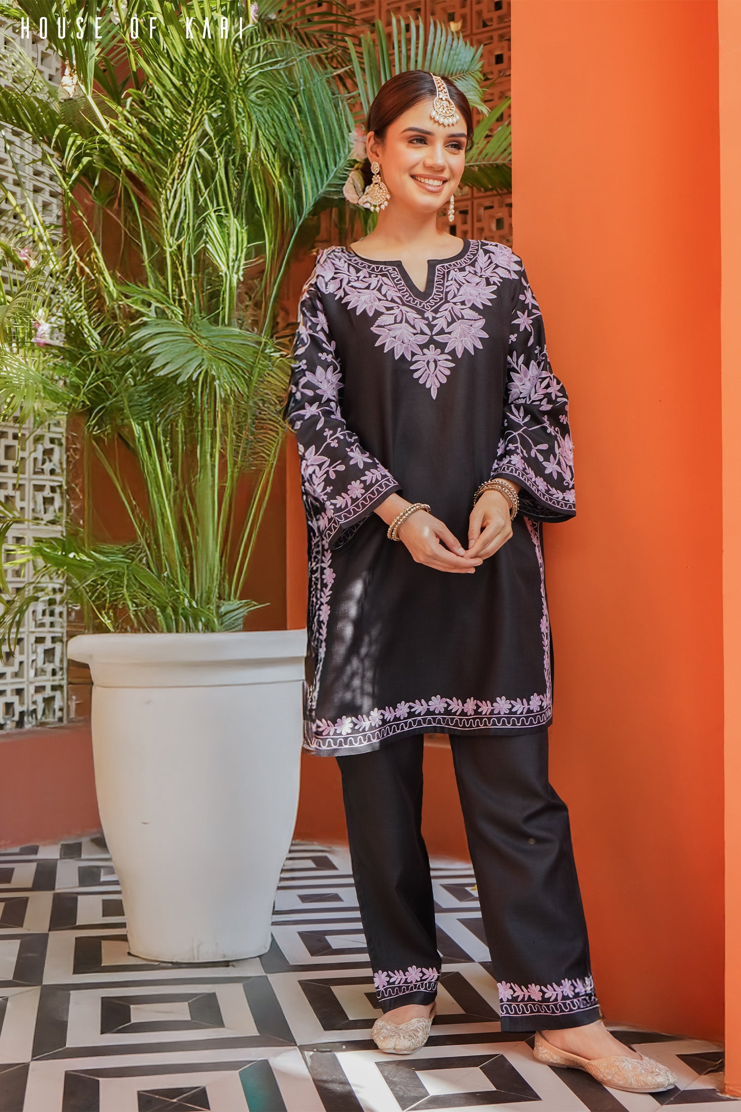 Kashmiri Aari Work Cotton Kurta Set - Black with Purple