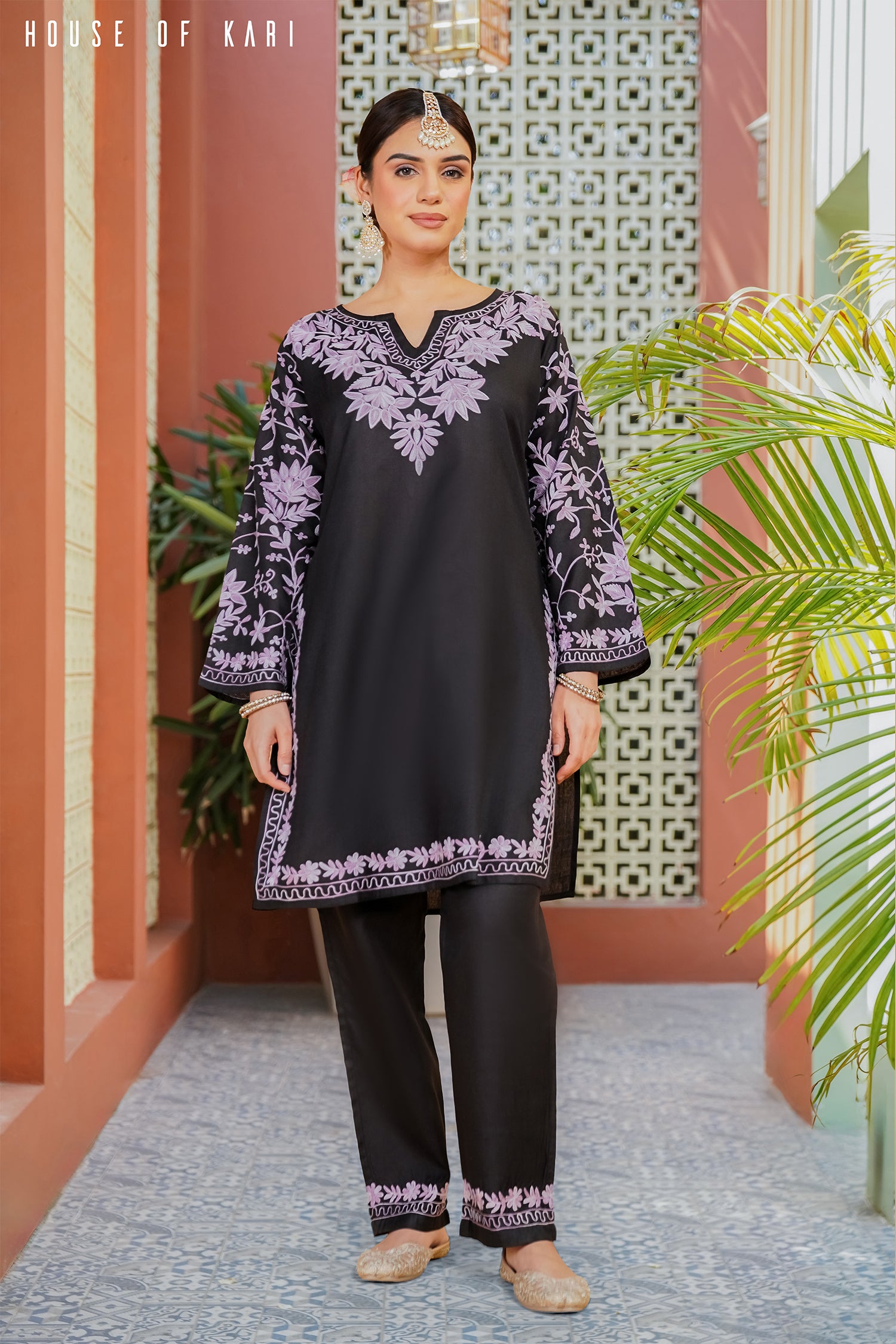 Kashmiri Aari Work Cotton Kurta Set - Black with Purple