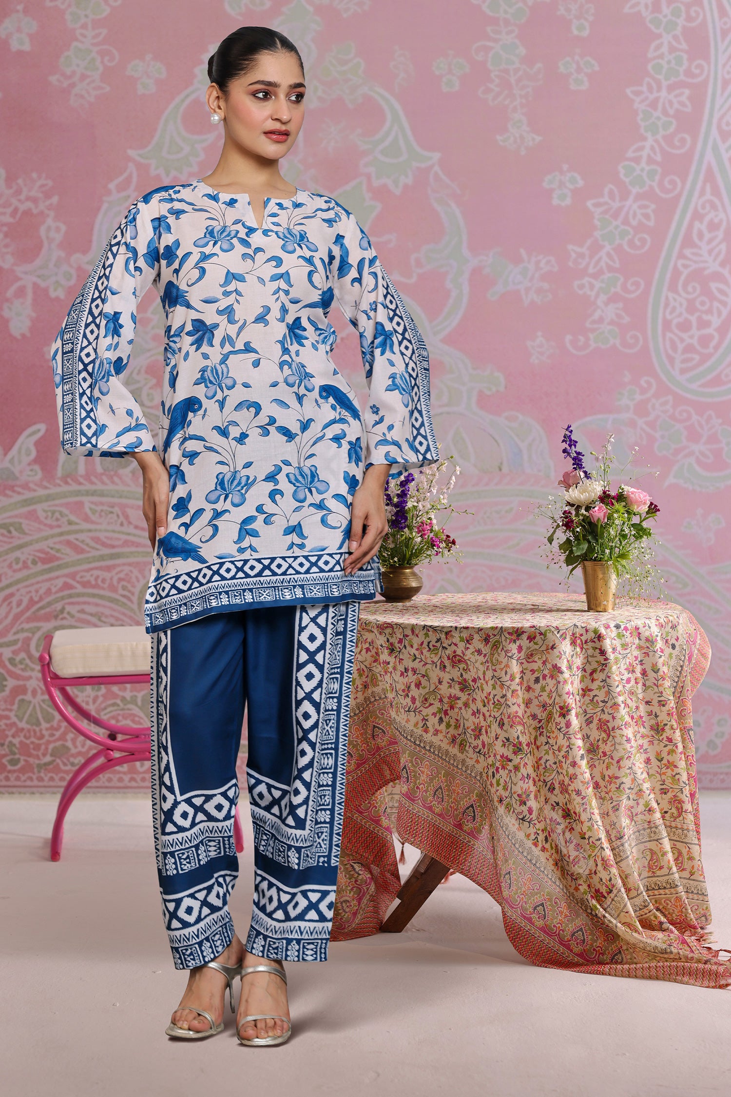 Neha x HOK in Ivory & Indigo Printed Lawn Cotton Co-ord Set with Straight Pants