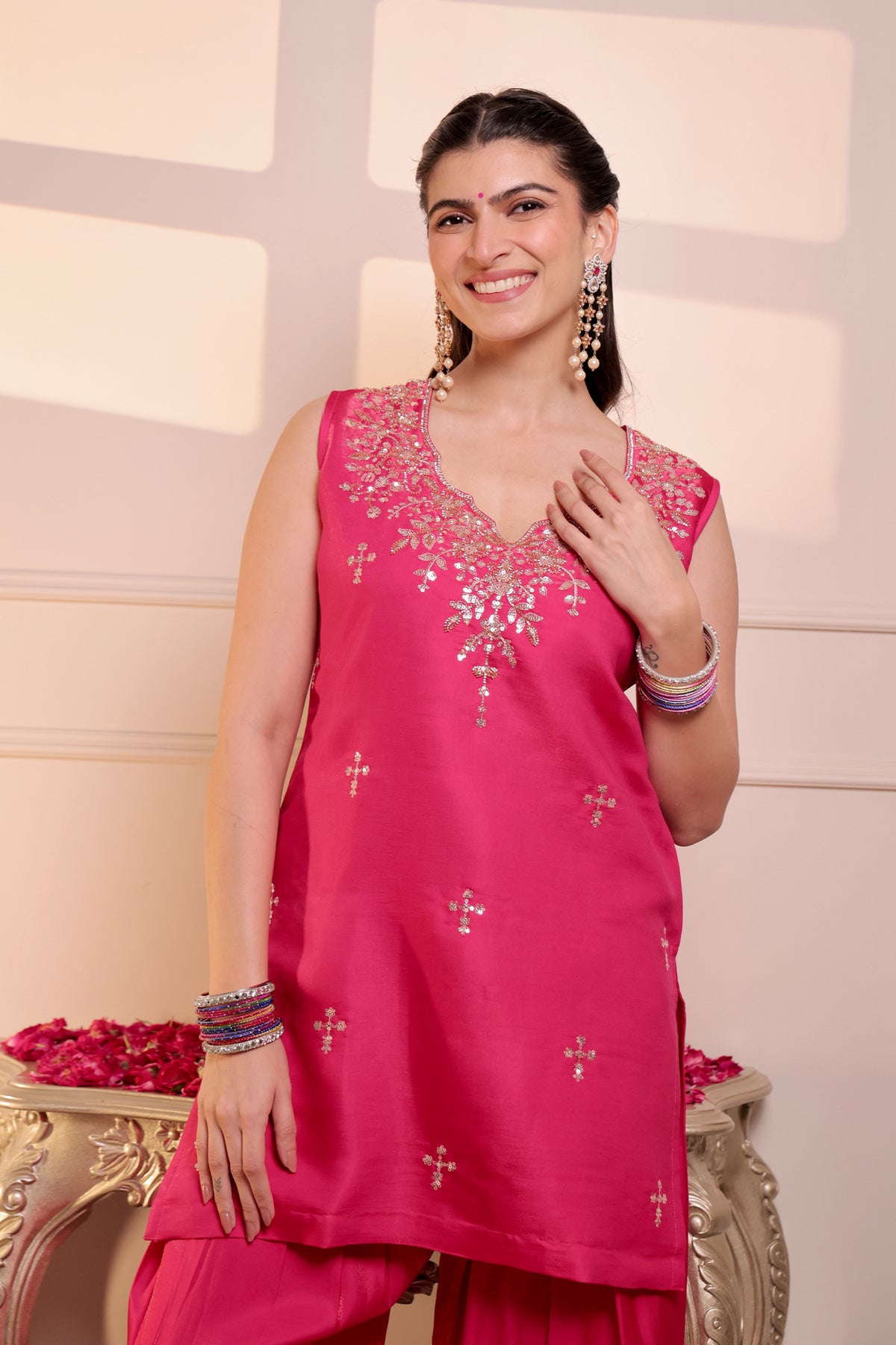 Sleeveless Sequin Sheesha Silk Farsi Kurta Set in Fuchsia Pink