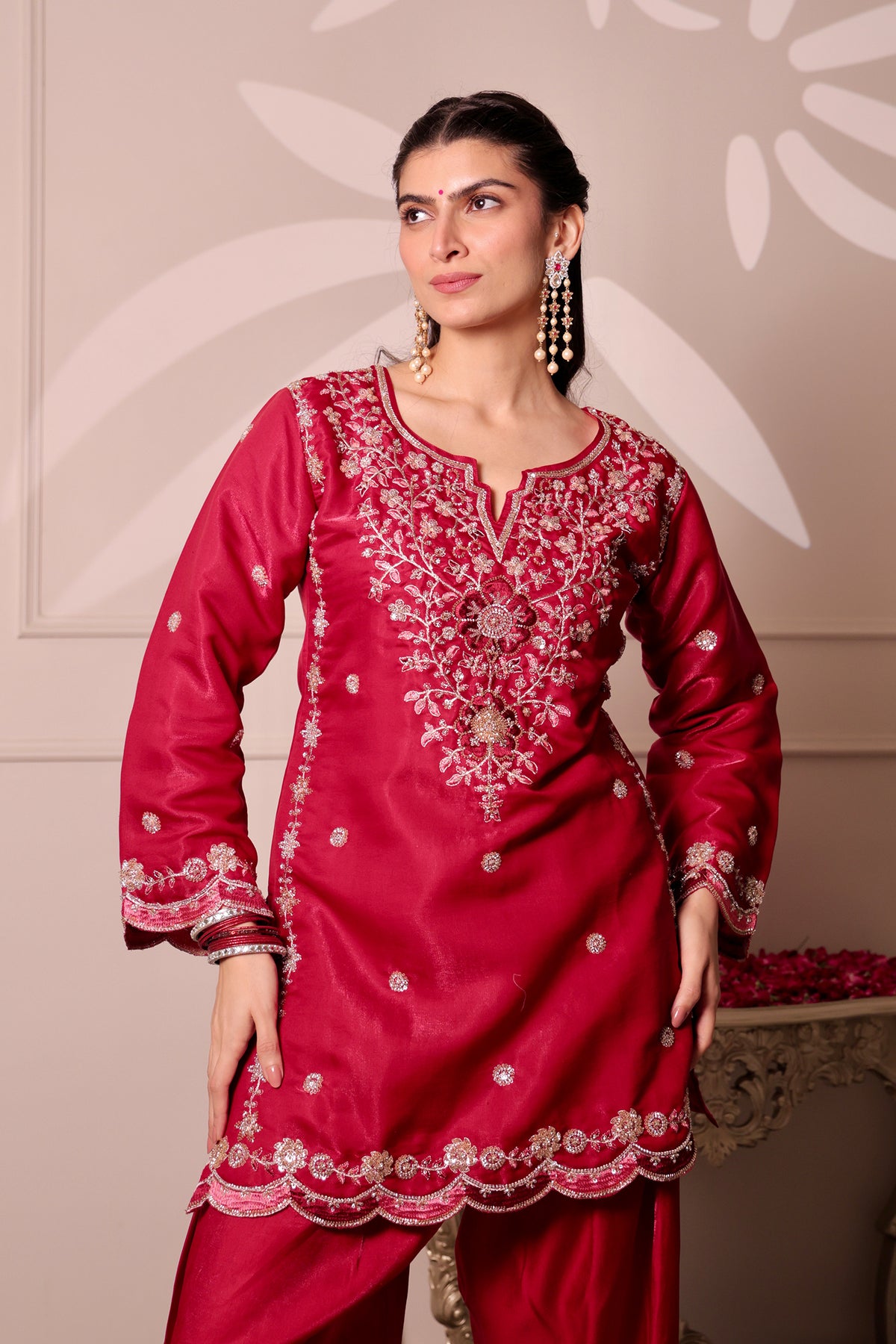 MIx Sequin Sheesha Silk Farsi Kurta Set in Deep Wine